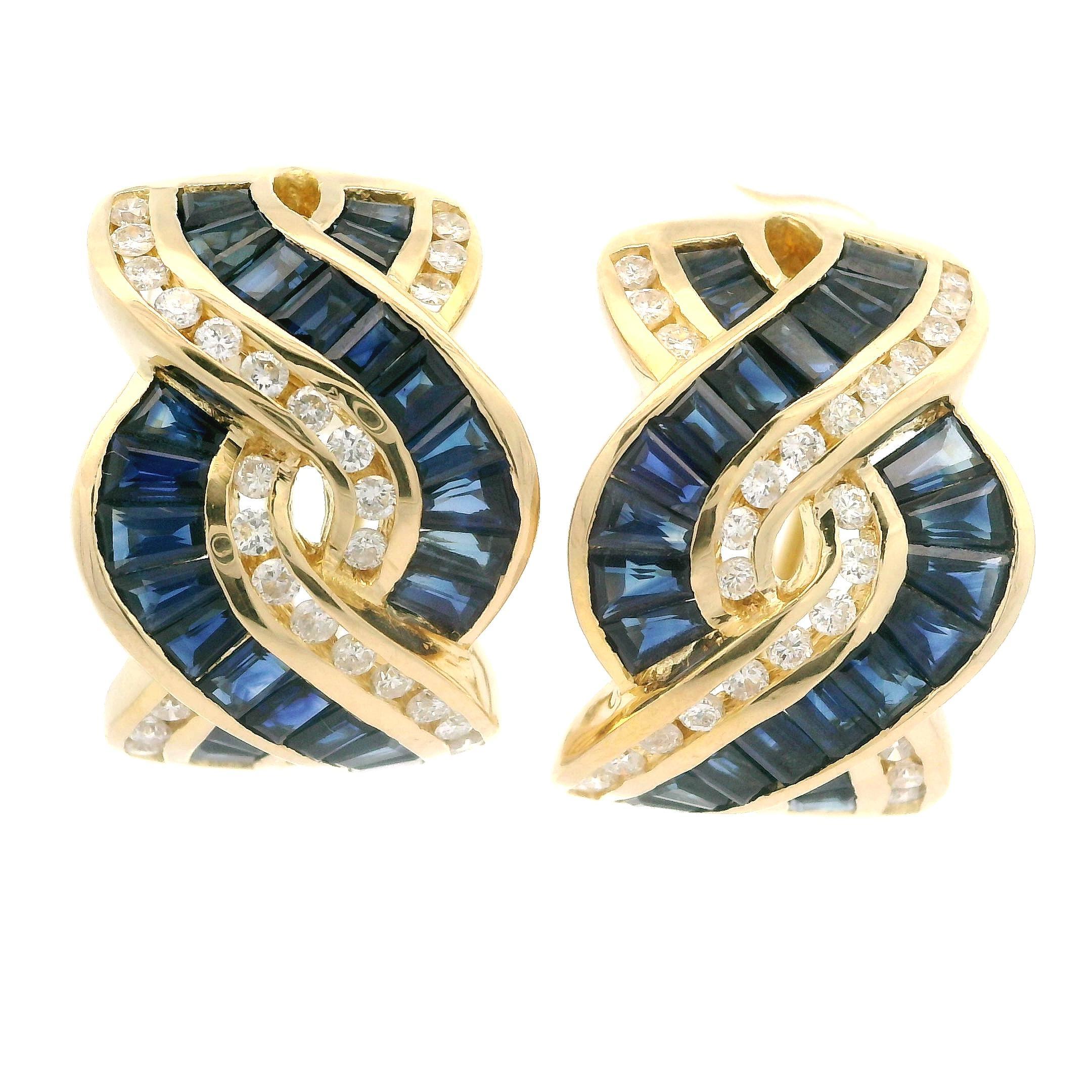 Women's 18k Yellow Gold Baguette Sapphire Diamond Braided Cuff Convertible Back Earrings For Sale