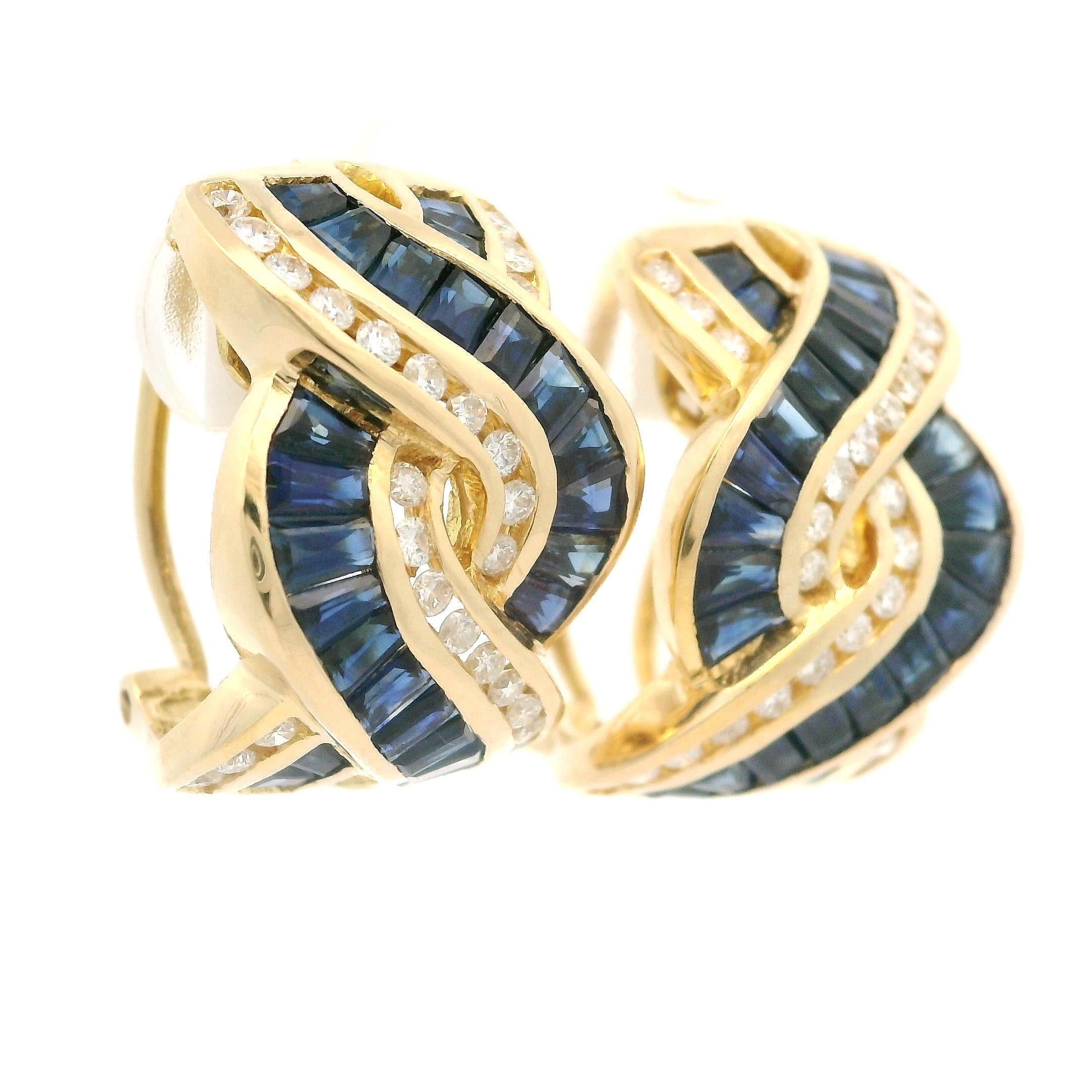 18k Yellow Gold Baguette Sapphire Diamond Braided Cuff Convertible Back Earrings For Sale 1