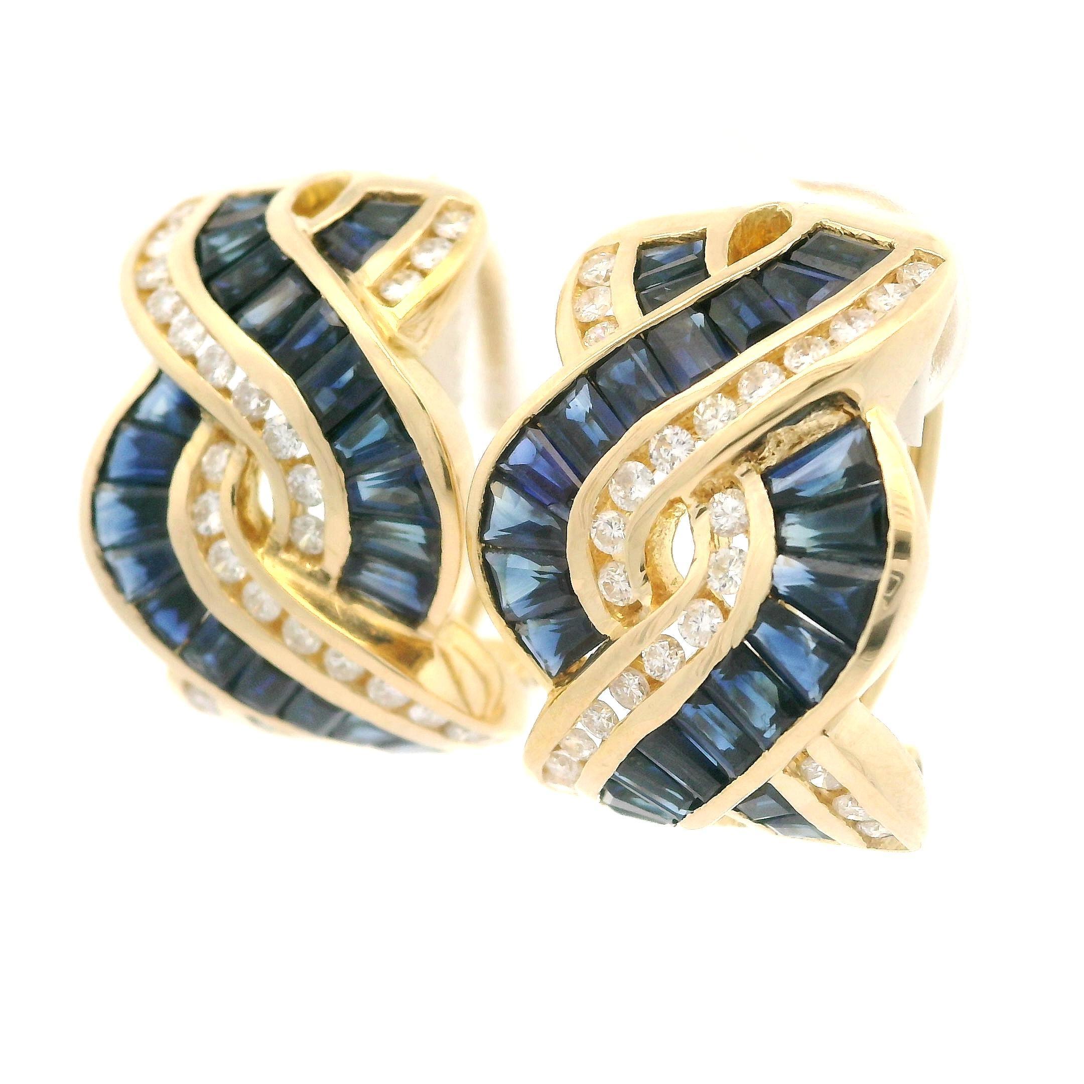 18k Yellow Gold Baguette Sapphire Diamond Braided Cuff Convertible Back Earrings For Sale 2