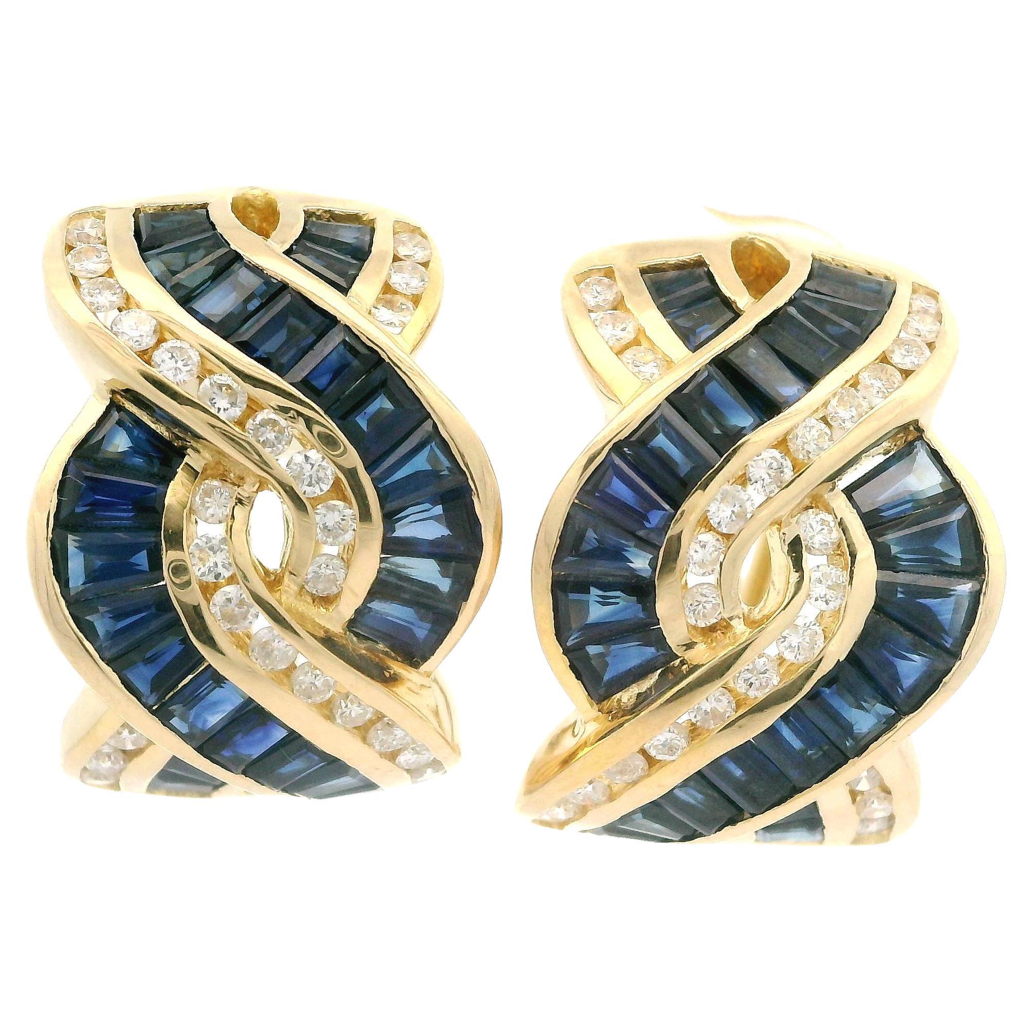 18k Yellow Gold Baguette Sapphire Diamond Braided Cuff Convertible Back Earrings For Sale