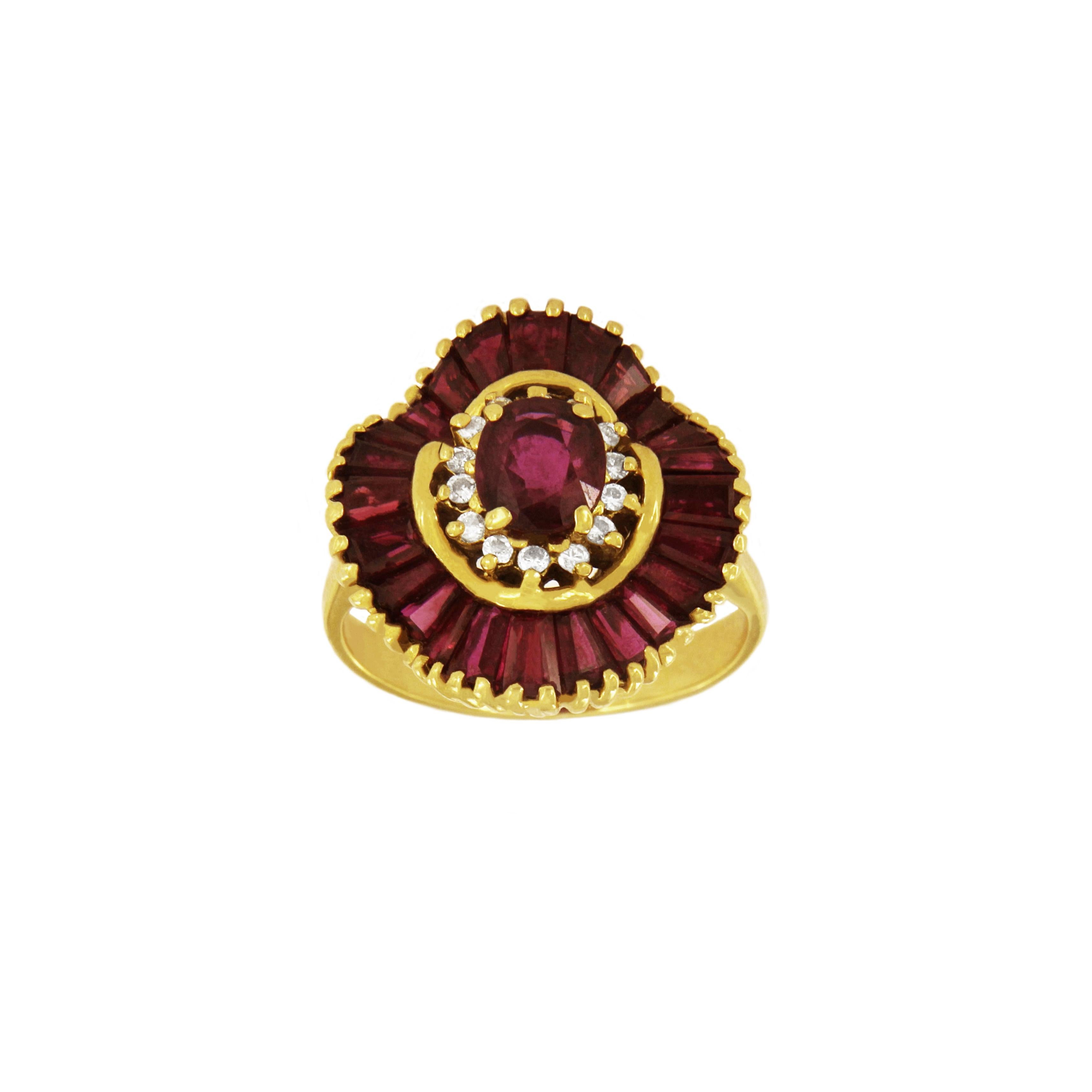 -Custom made
-18k Yellow Gold
-Ring size: 5.5
-Ornament dimension: 17x18mm
-Rubies: 3.8 ct
-Diamond: 0.12ct, VS1 clarity, G color