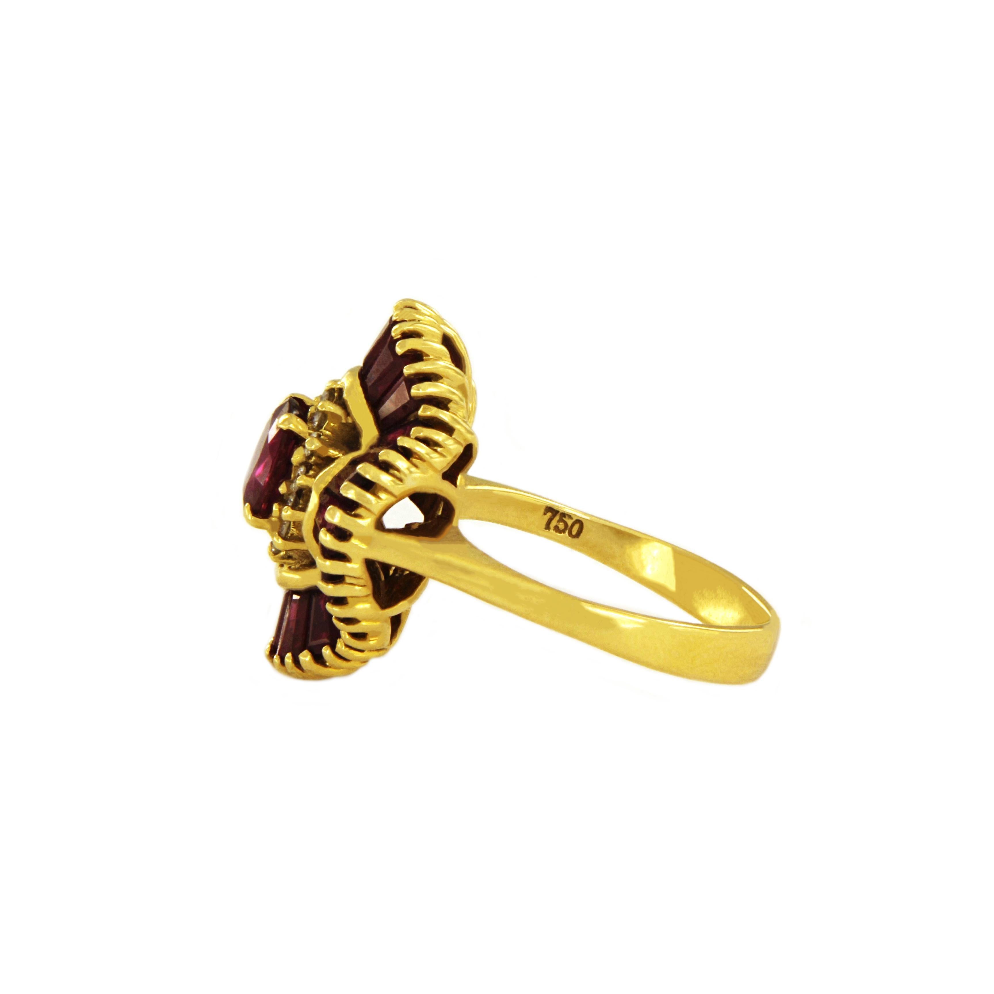Women's 18K Yellow Gold Ballerina Ring with Rubies and Diamonds For Sale