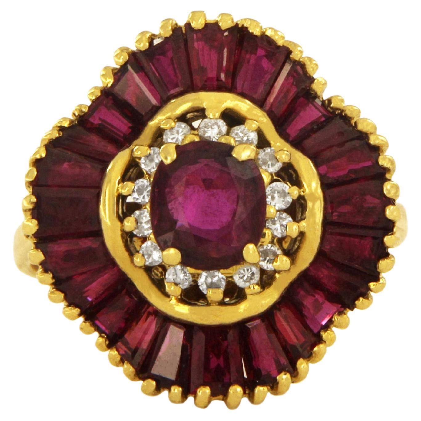18K Yellow Gold Ballerina Ring with Rubies and Diamonds For Sale