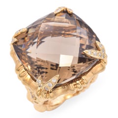 18k Yellow Gold Bamboo 40ct Smoky Quartz and Diamond Cocktail Ring