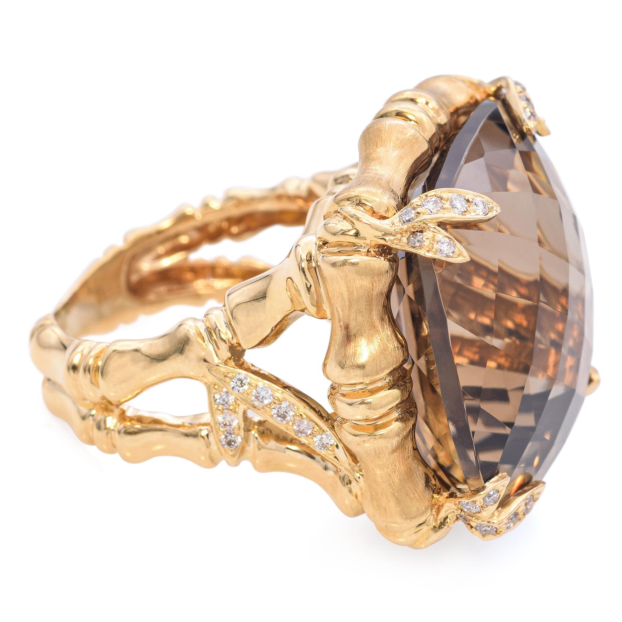 Bague cocktail bambou en or jaune 18 carats, quartz fumé 40 carats et diamants Pour femmes en vente