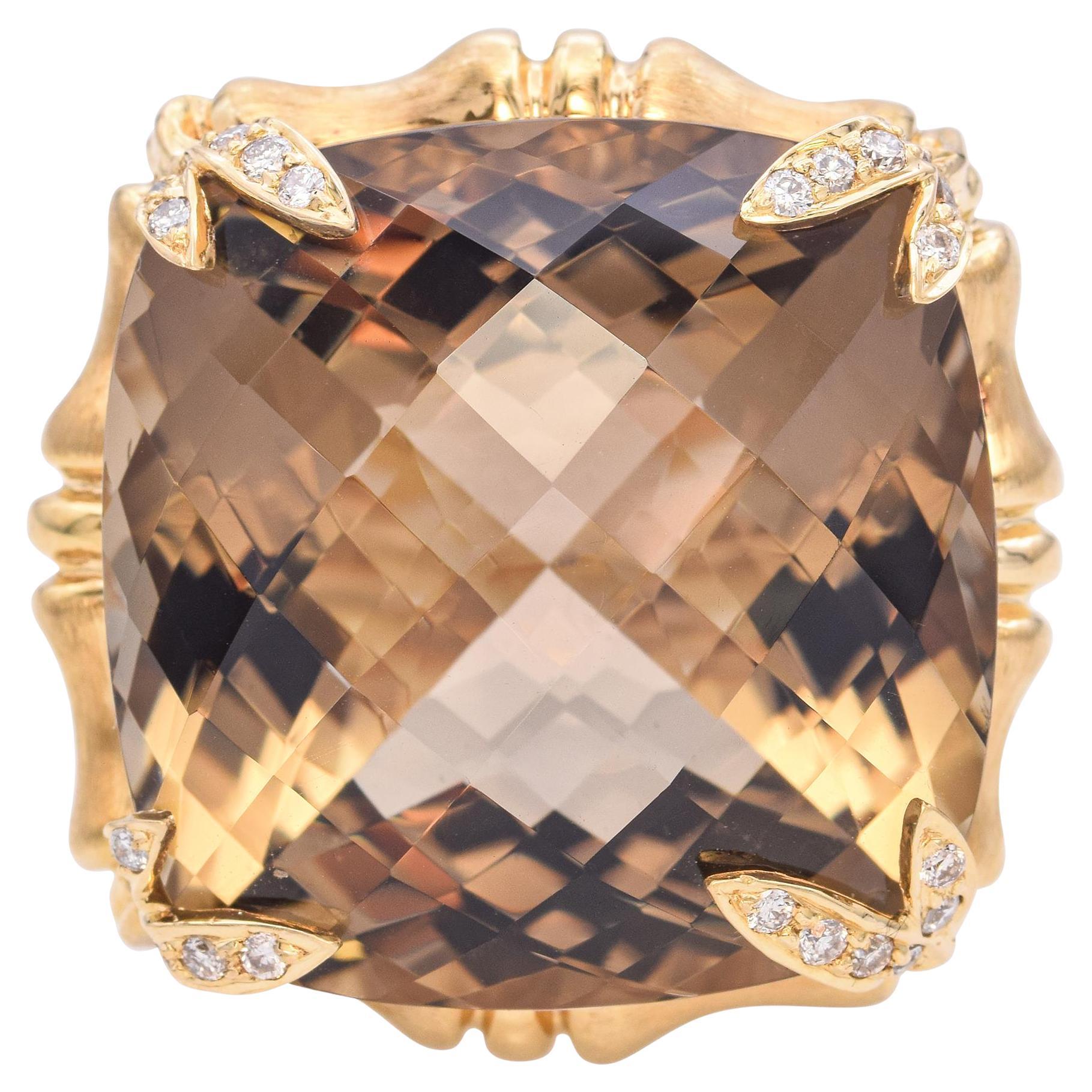 18k Yellow Gold Bamboo 40ct Smoky Quartz and Diamond Cocktail Ring