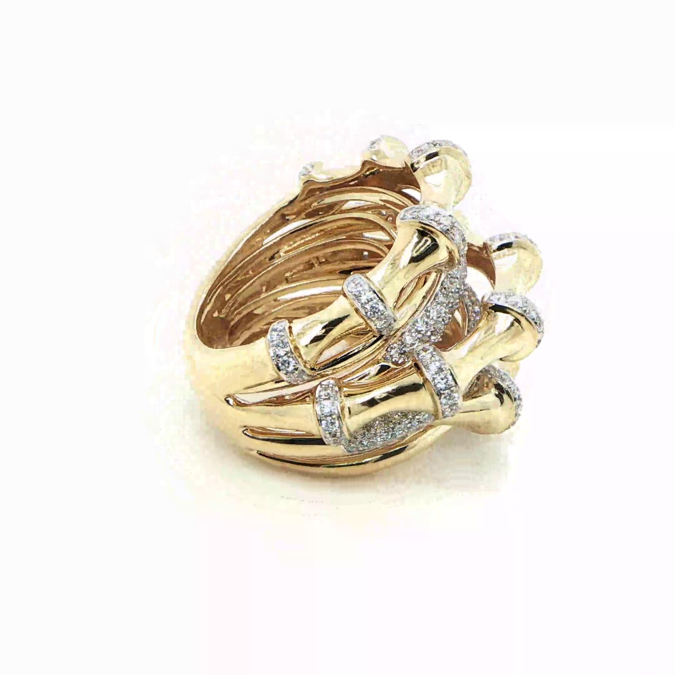 18K Yellow Gold Bamboo Diamond Stack Ring Pour femmes en vente
