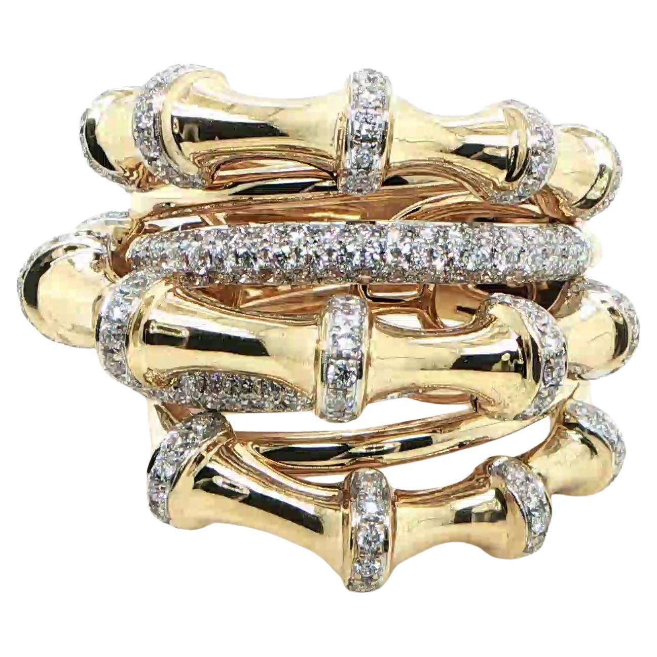 18K Yellow Gold Bamboo Diamond Stack Ring en vente