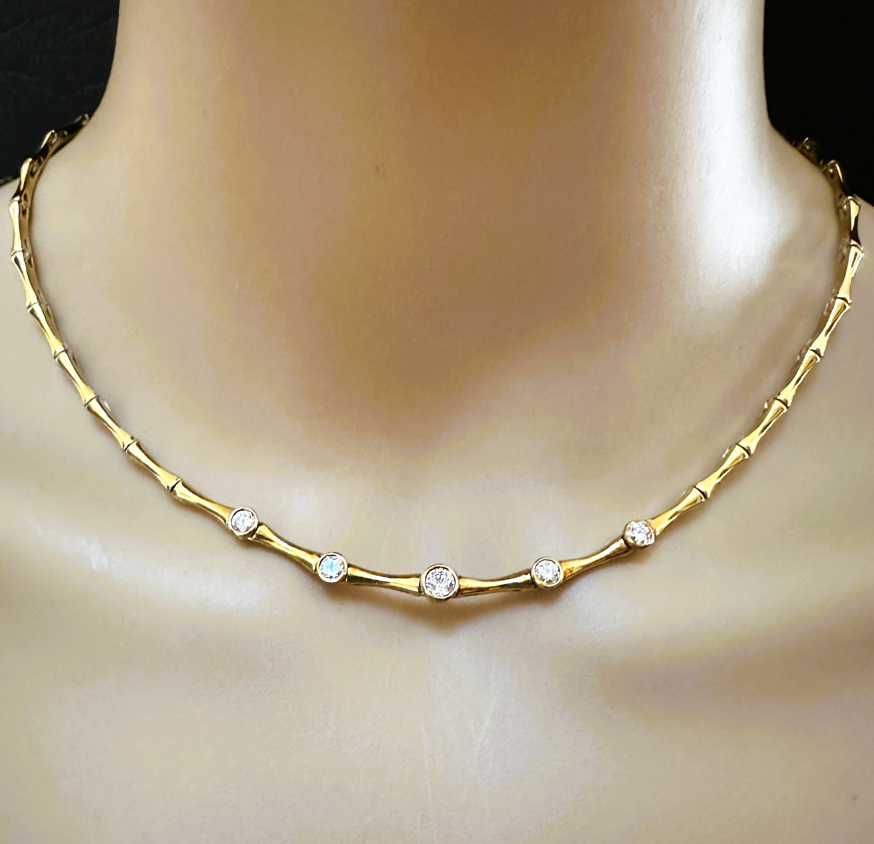 18K Yellow Gold Bamboo Necklace - 5 Natural Diamonds - 28.18 Grams w Appraisal