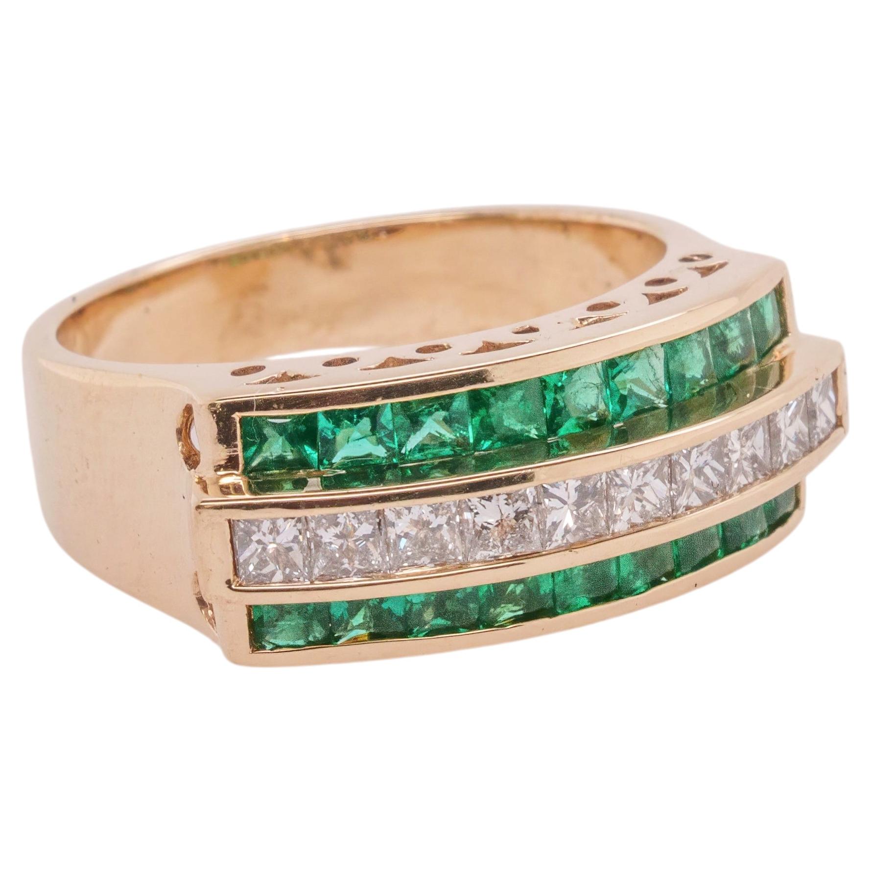 Wide Emerald Diamond Band Ring in 18K Yellow Gold 2.4ctw