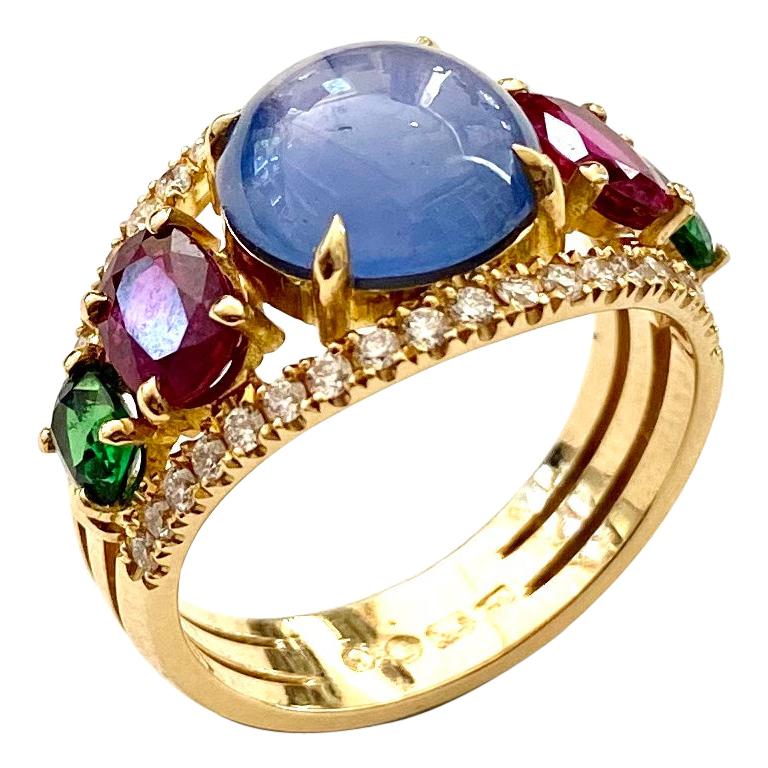 18k. Yellow Gold Band Ring, Set with 1 Sapphire 2 Ruby, 2 Tsavorite and 38 Diam