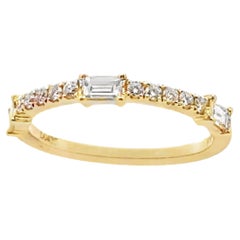 18K Yellow Gold Band Ring with 3 Baguette & 10 Round Natural Diamonds