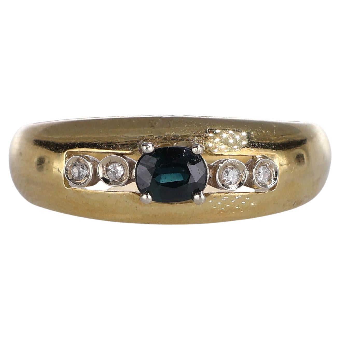 18K Yellow Gold Band Ring with Blue Sapphire and Diamonds