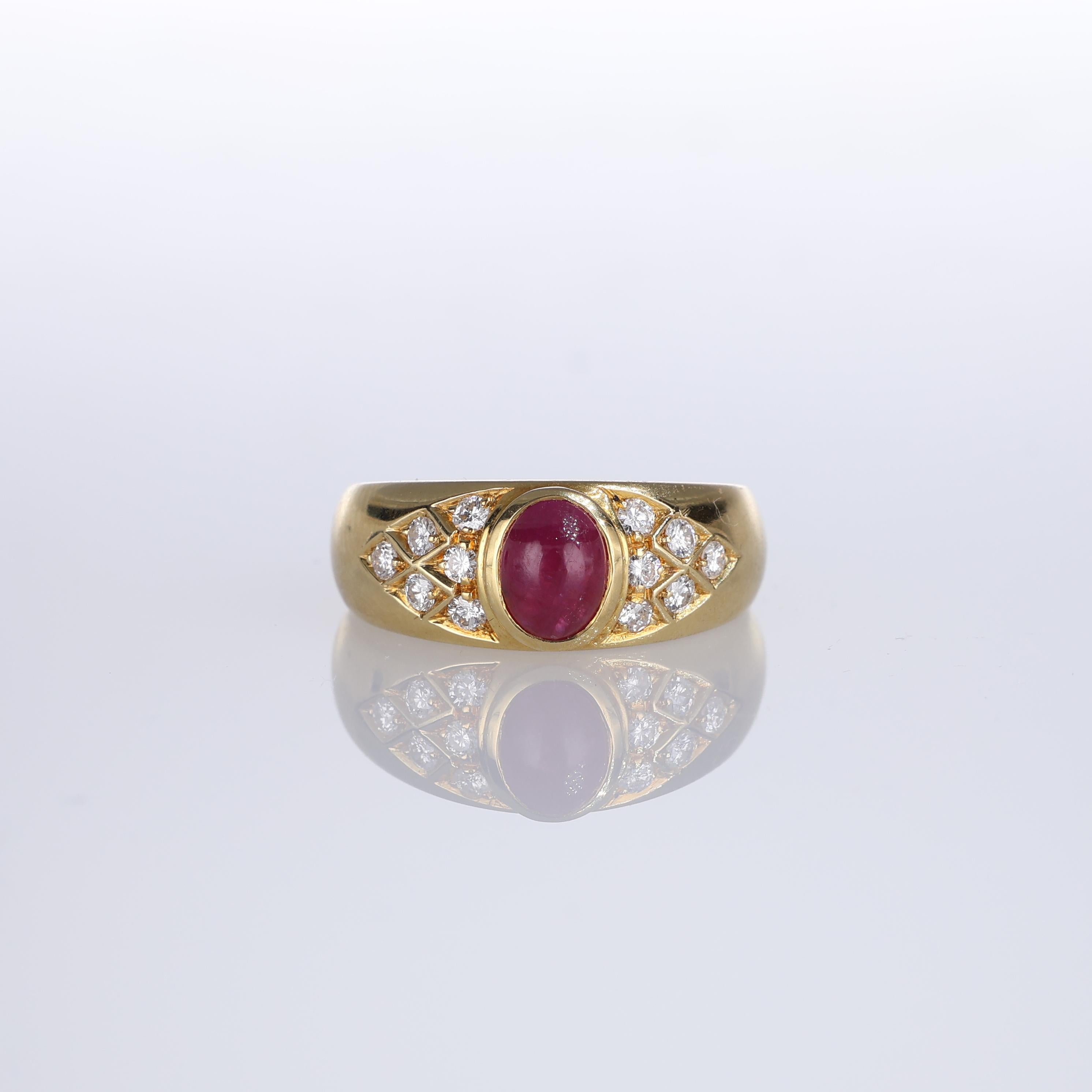 IMPORTANT NOTE:
✔ No additional costs will be added to this order.
✔ Shipping and customs duties are fully covered by us.
--------------------
A sophisticated 18K yellow gold band ring featuring a 1.20-carat central cabochon ruby, complemented by