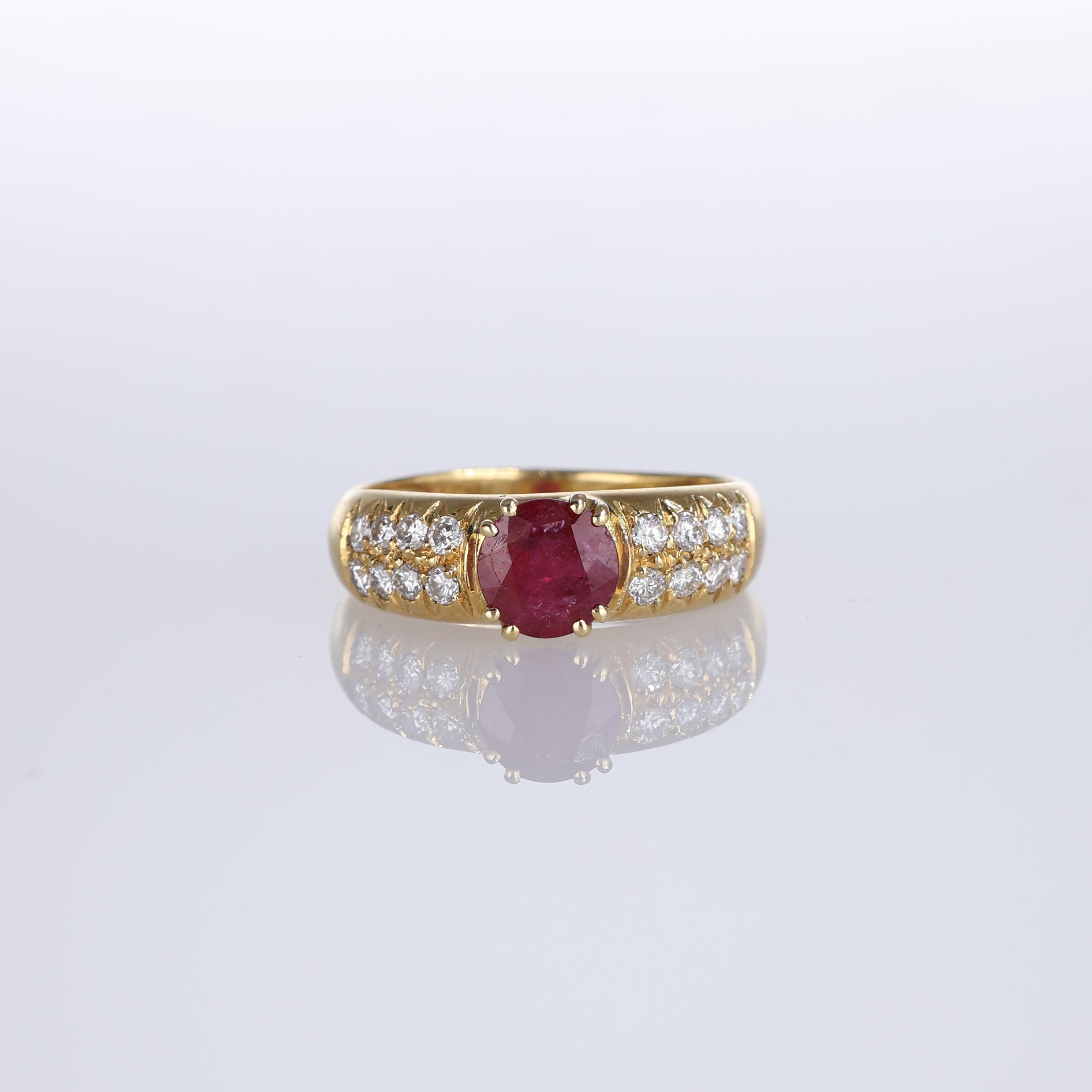 IMPORTANT NOTE:
✔ No additional costs will be added to this order.
✔ Shipping and customs duties are fully covered by us.
--------------------
An elegant 18K yellow gold band ring featuring a stunning 0.80-carat round ruby at the center, enhanced by