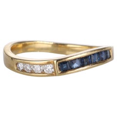 18K Yellow Gold Band Ring with Diamonds and Sapphire Baguettes