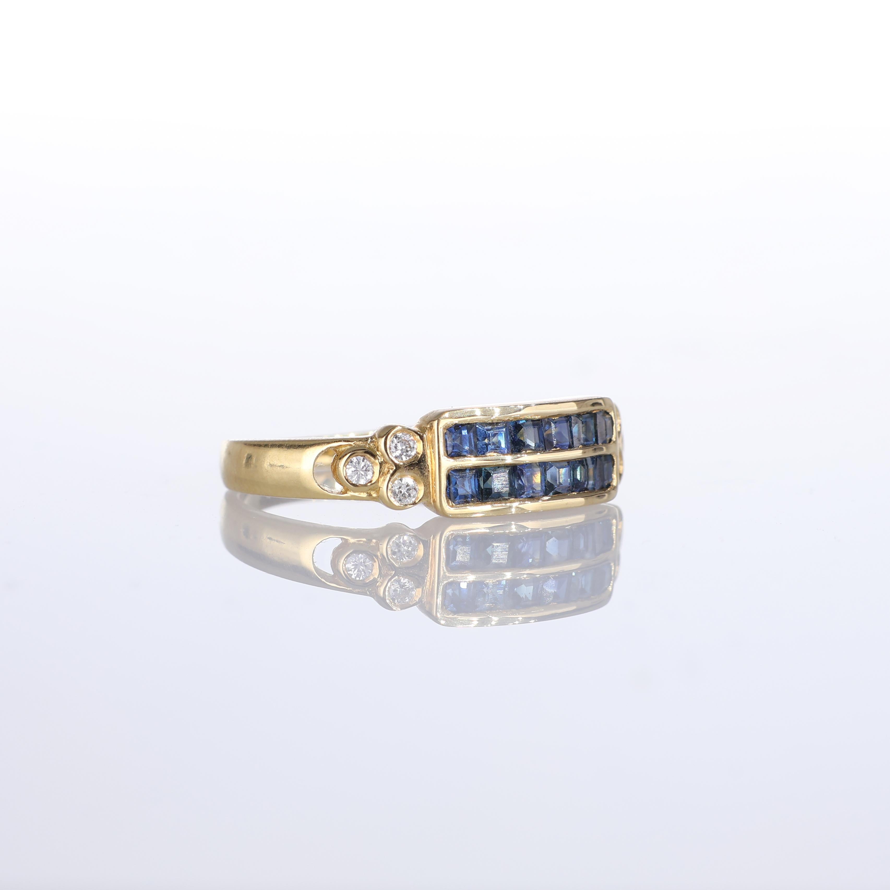 Brilliant Cut 18k Yellow Gold Band Ring with Diamonds and Sapphire Rows For Sale