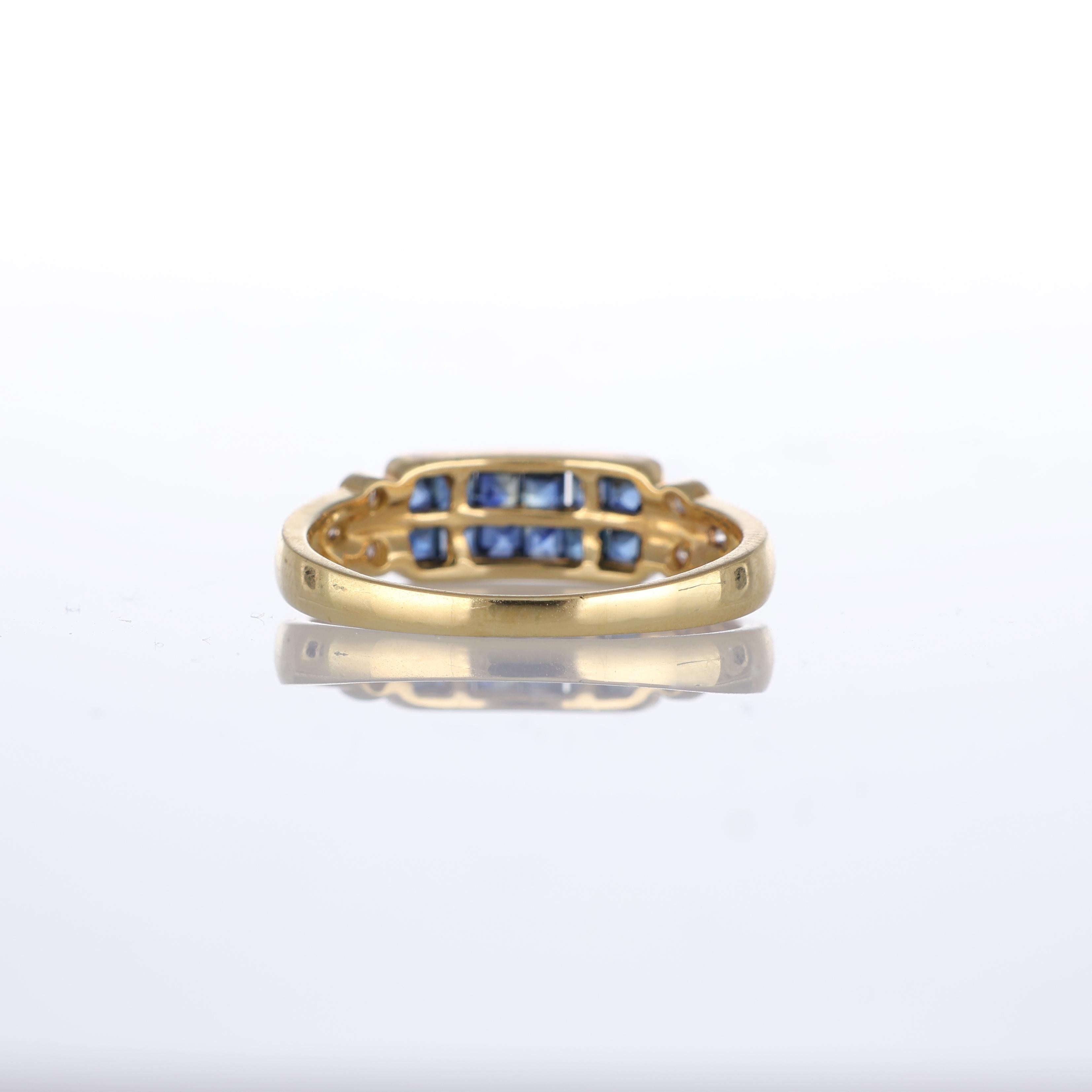 18k Yellow Gold Band Ring with Diamonds and Sapphire Rows In New Condition For Sale In Bergamo, BG