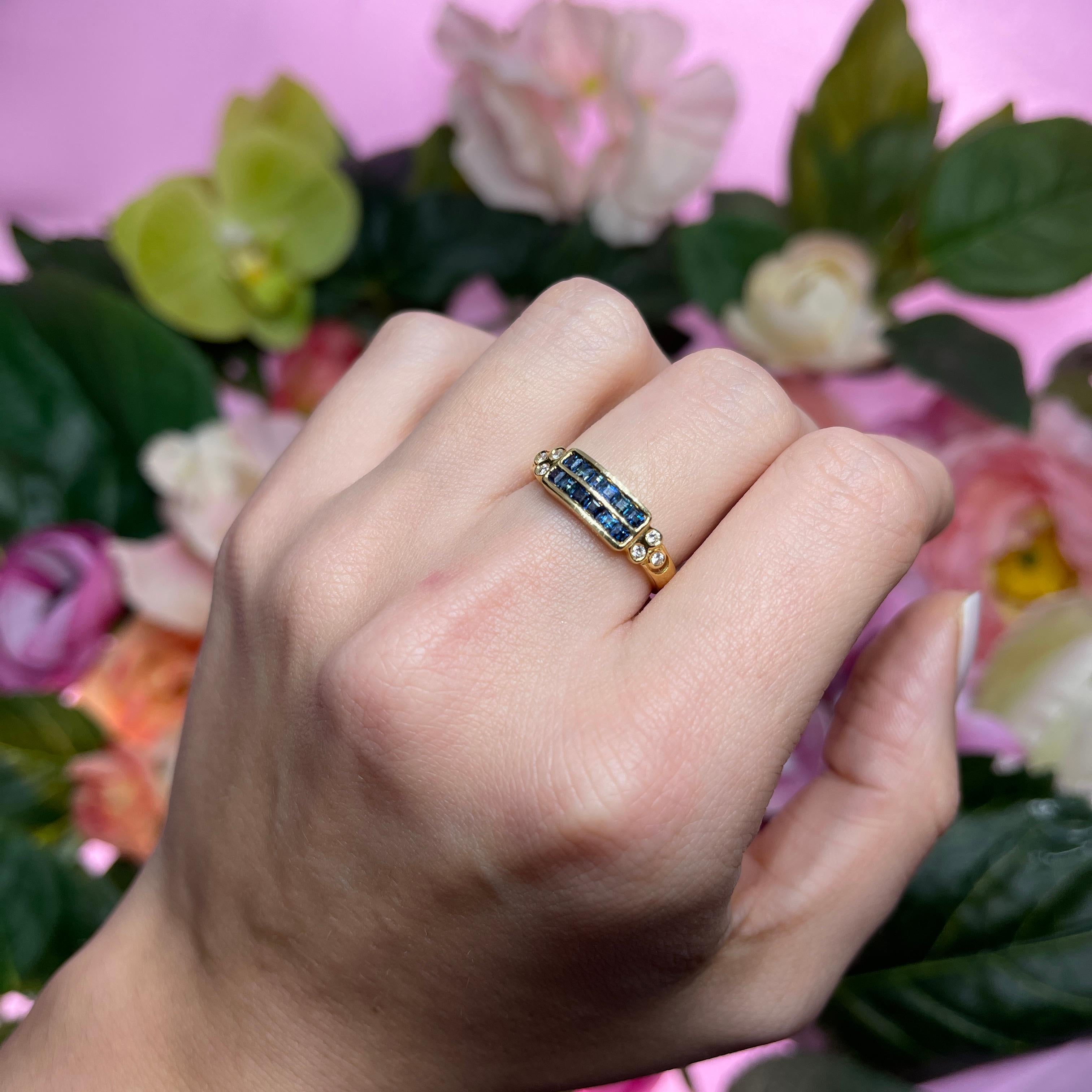 18k Yellow Gold Band Ring with Diamonds and Sapphire Rows For Sale 1