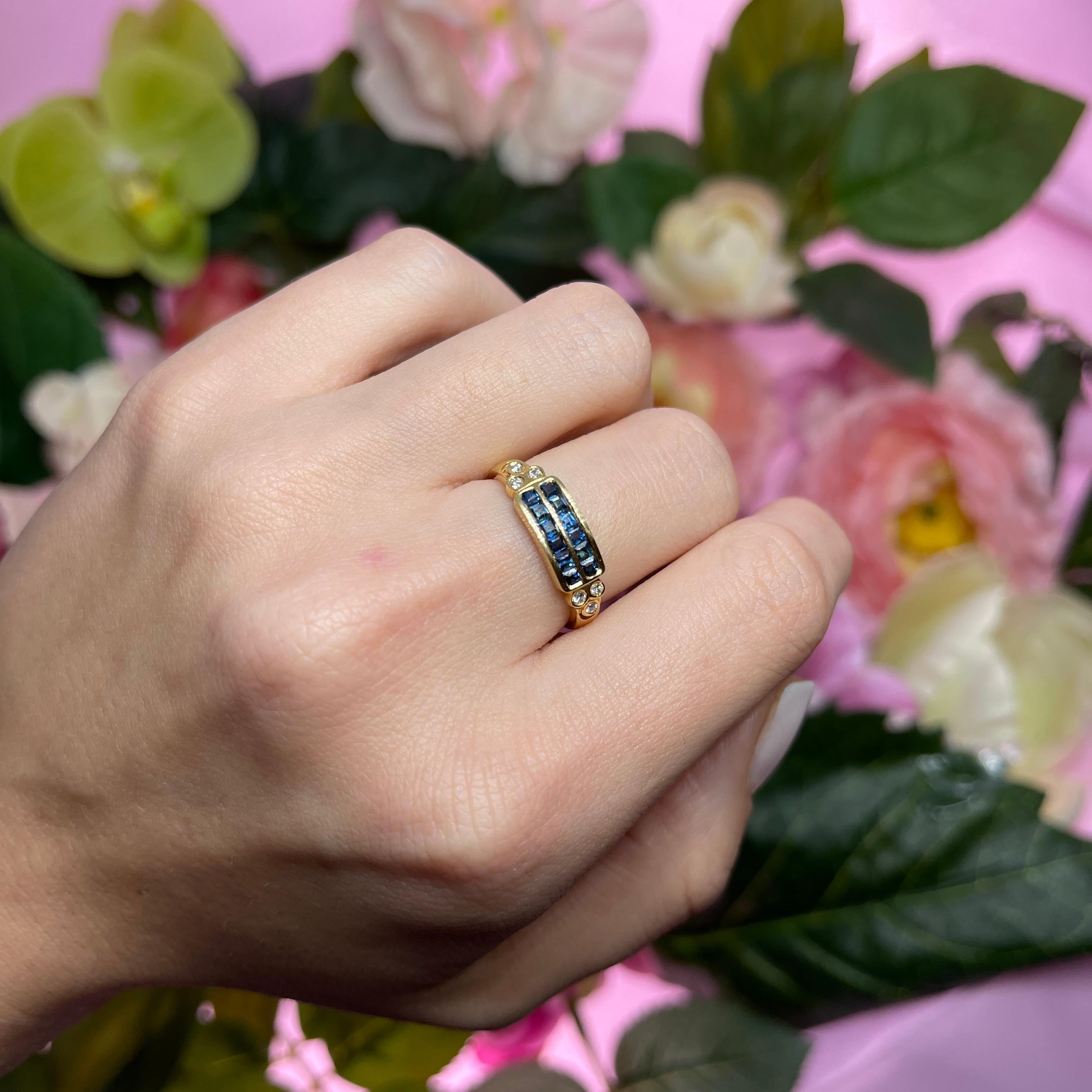 18k Yellow Gold Band Ring with Diamonds and Sapphire Rows For Sale 2
