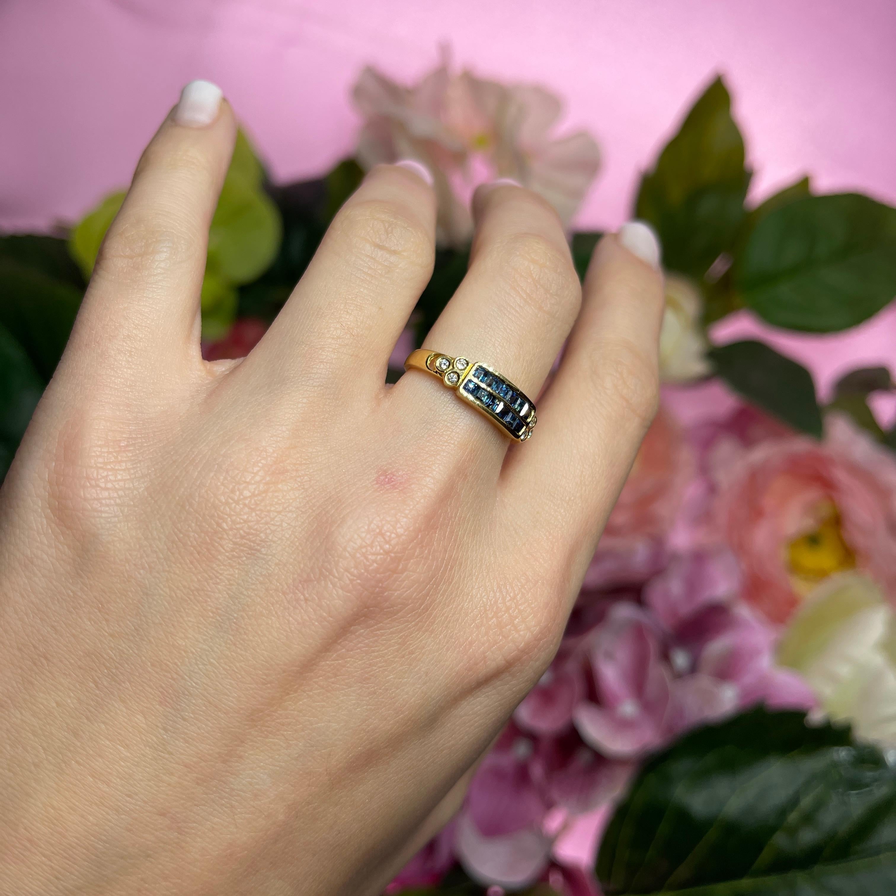 18k Yellow Gold Band Ring with Diamonds and Sapphire Rows For Sale 3
