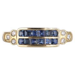 18k Yellow Gold Band Ring with Diamonds and Sapphire Rows