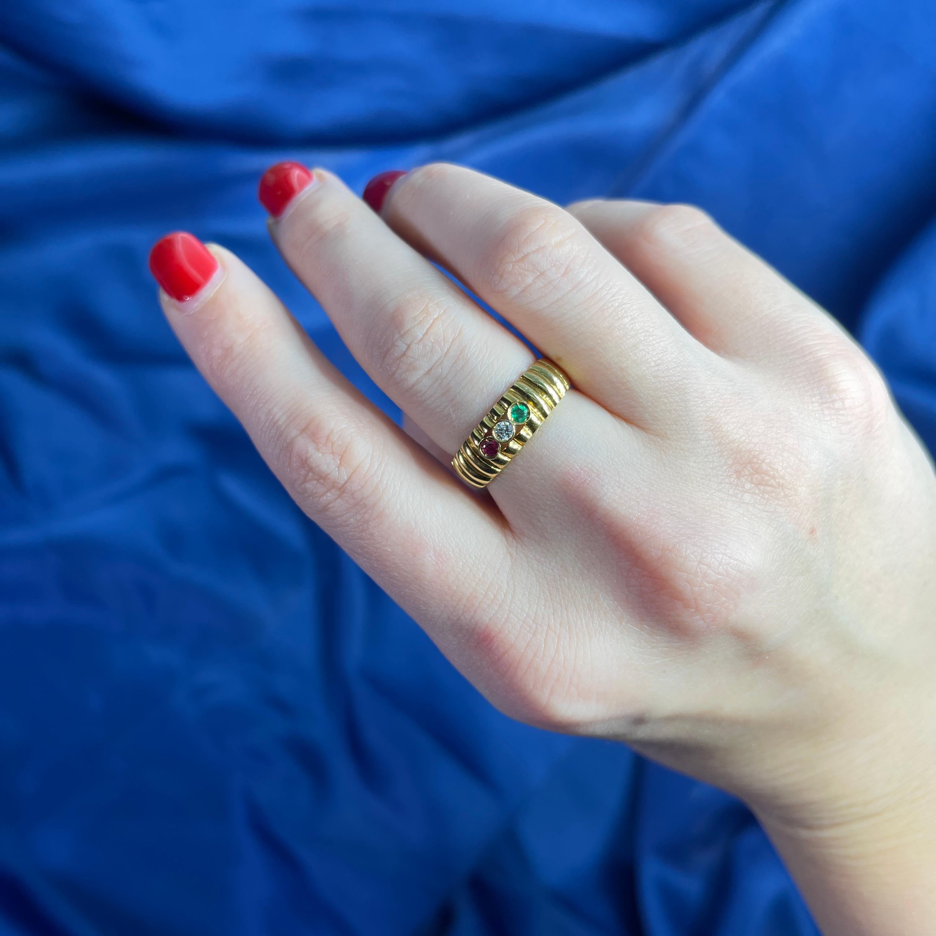 18k Yellow Gold Band Ring with Diamonds, Rubies, and Emeralds For Sale 5
