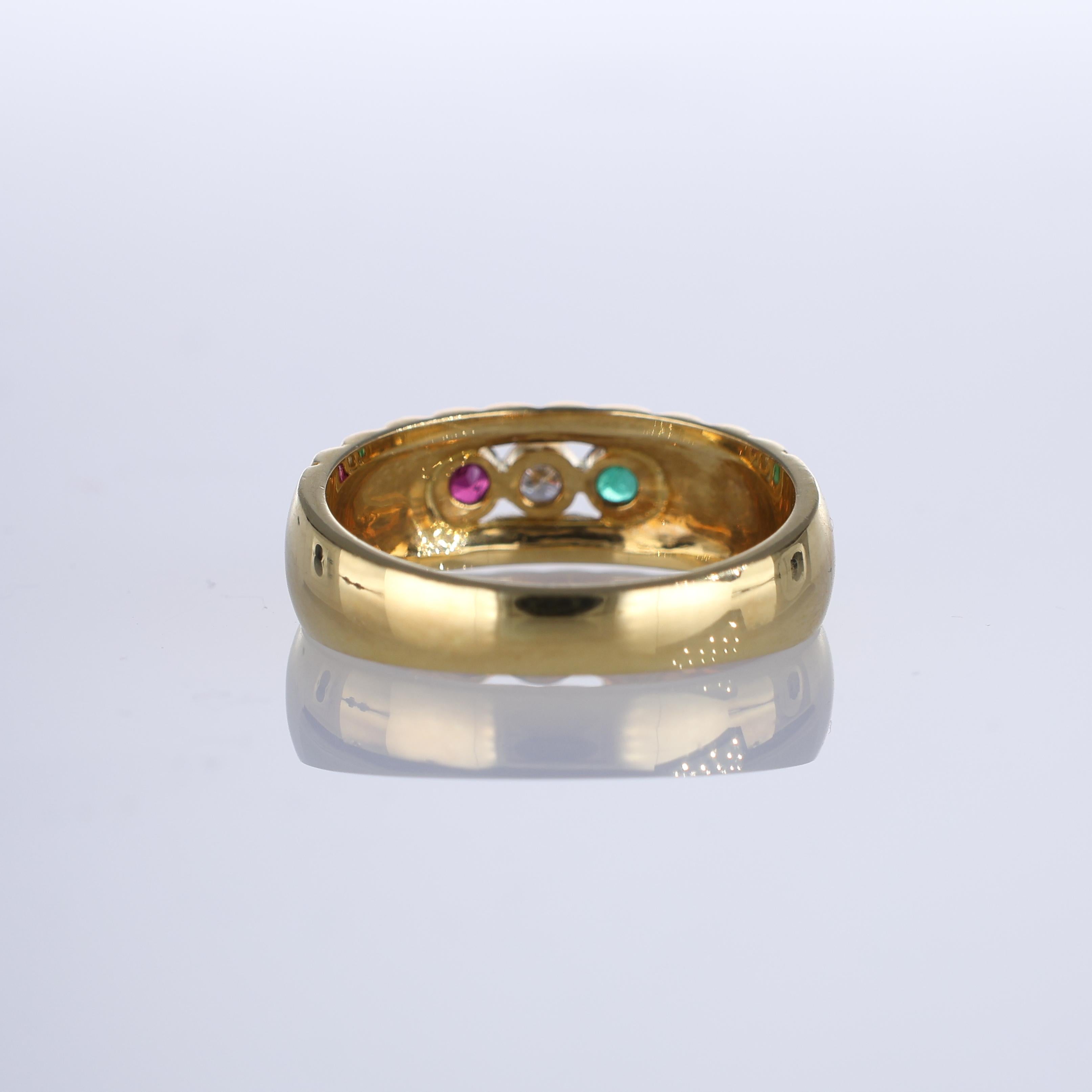 Women's or Men's 18k Yellow Gold Band Ring with Diamonds, Rubies, and Emeralds For Sale