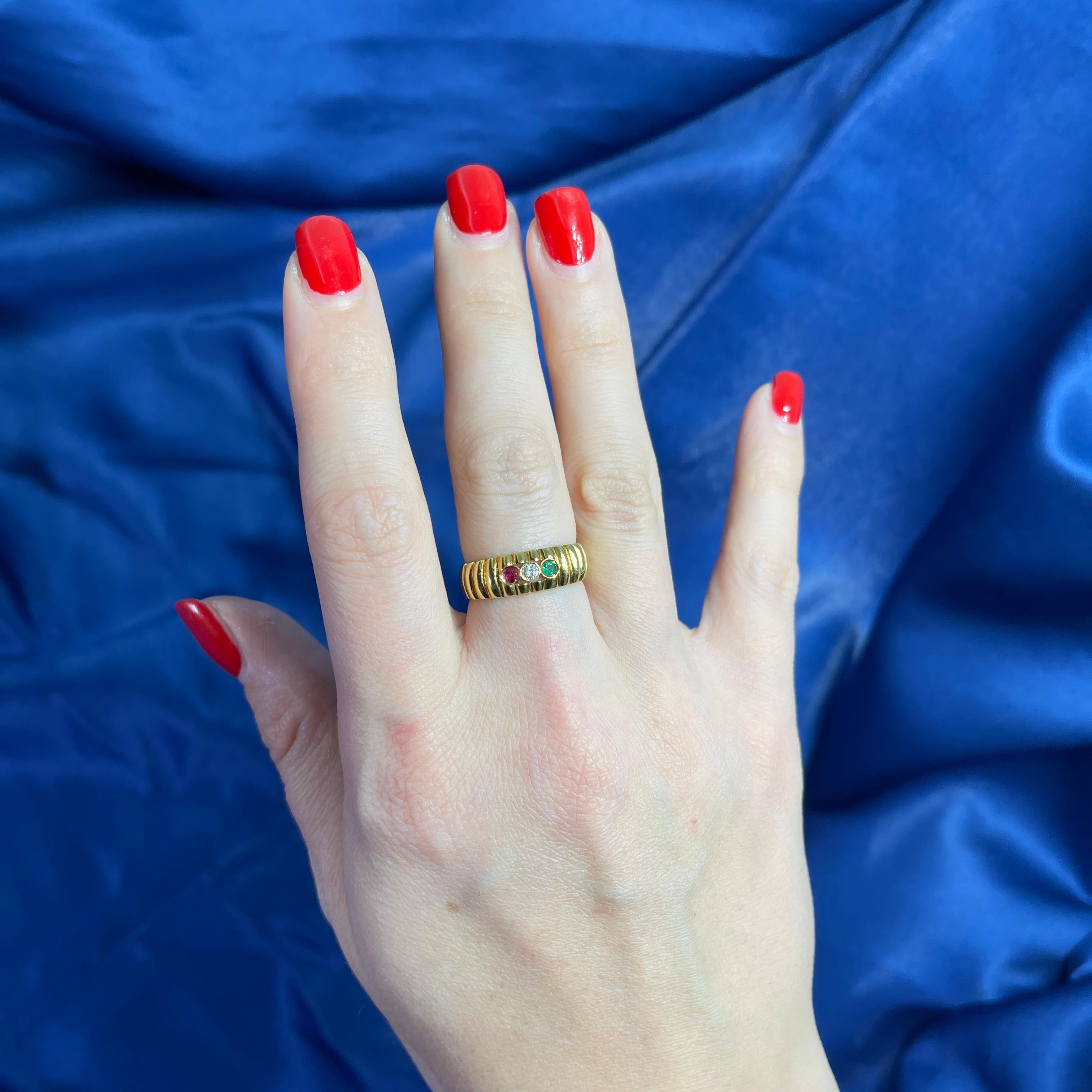 18k Yellow Gold Band Ring with Diamonds, Rubies, and Emeralds For Sale 2