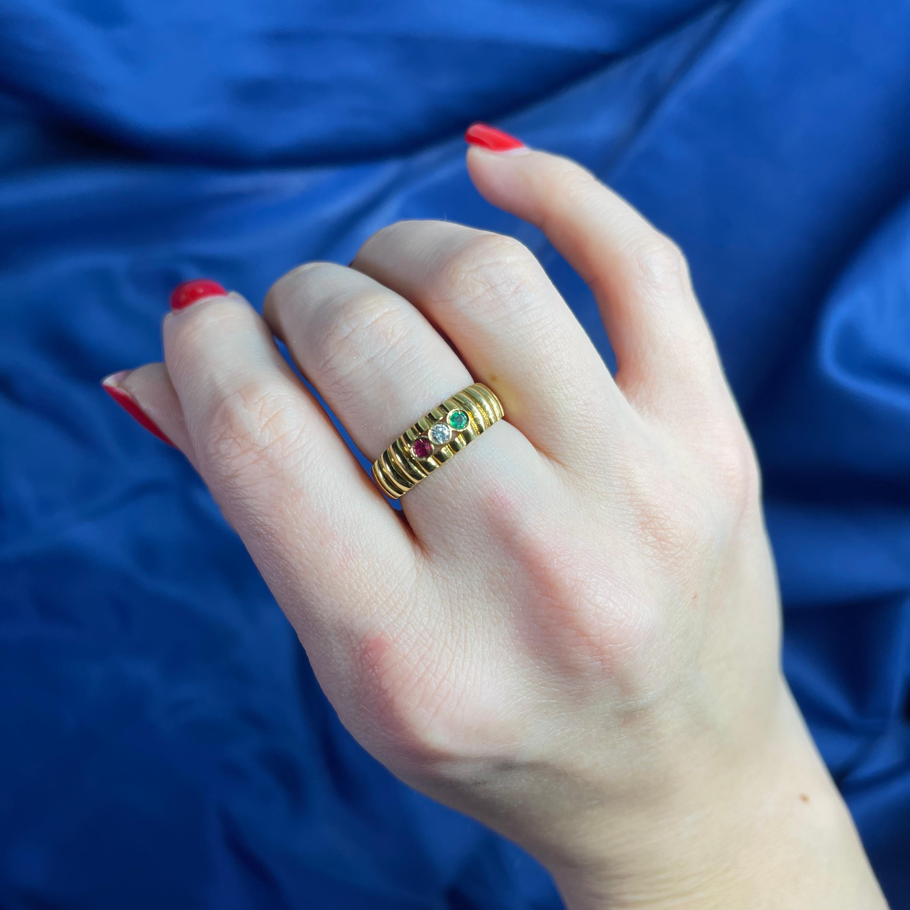 18k Yellow Gold Band Ring with Diamonds, Rubies, and Emeralds For Sale 3