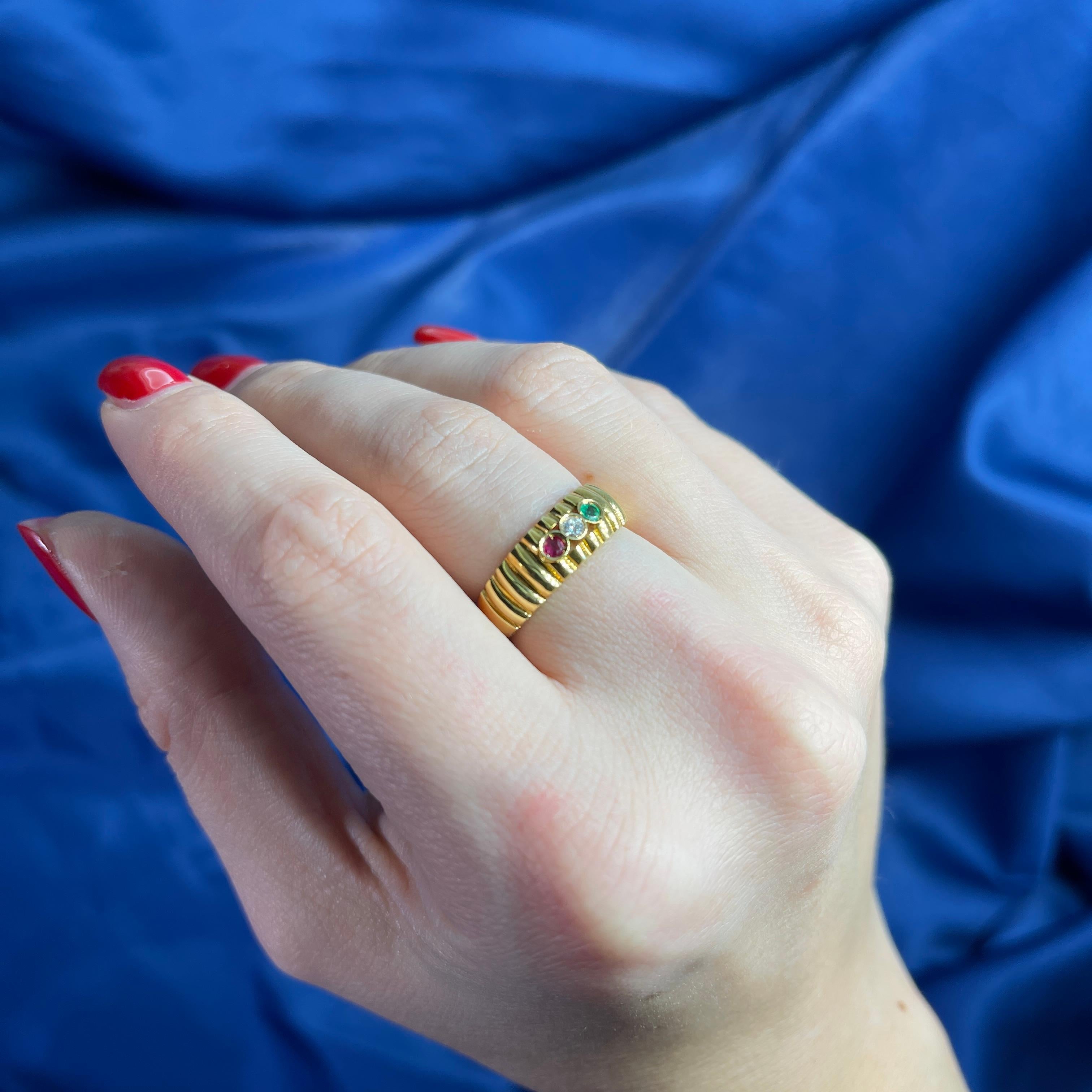 18k Yellow Gold Band Ring with Diamonds, Rubies, and Emeralds For Sale 4