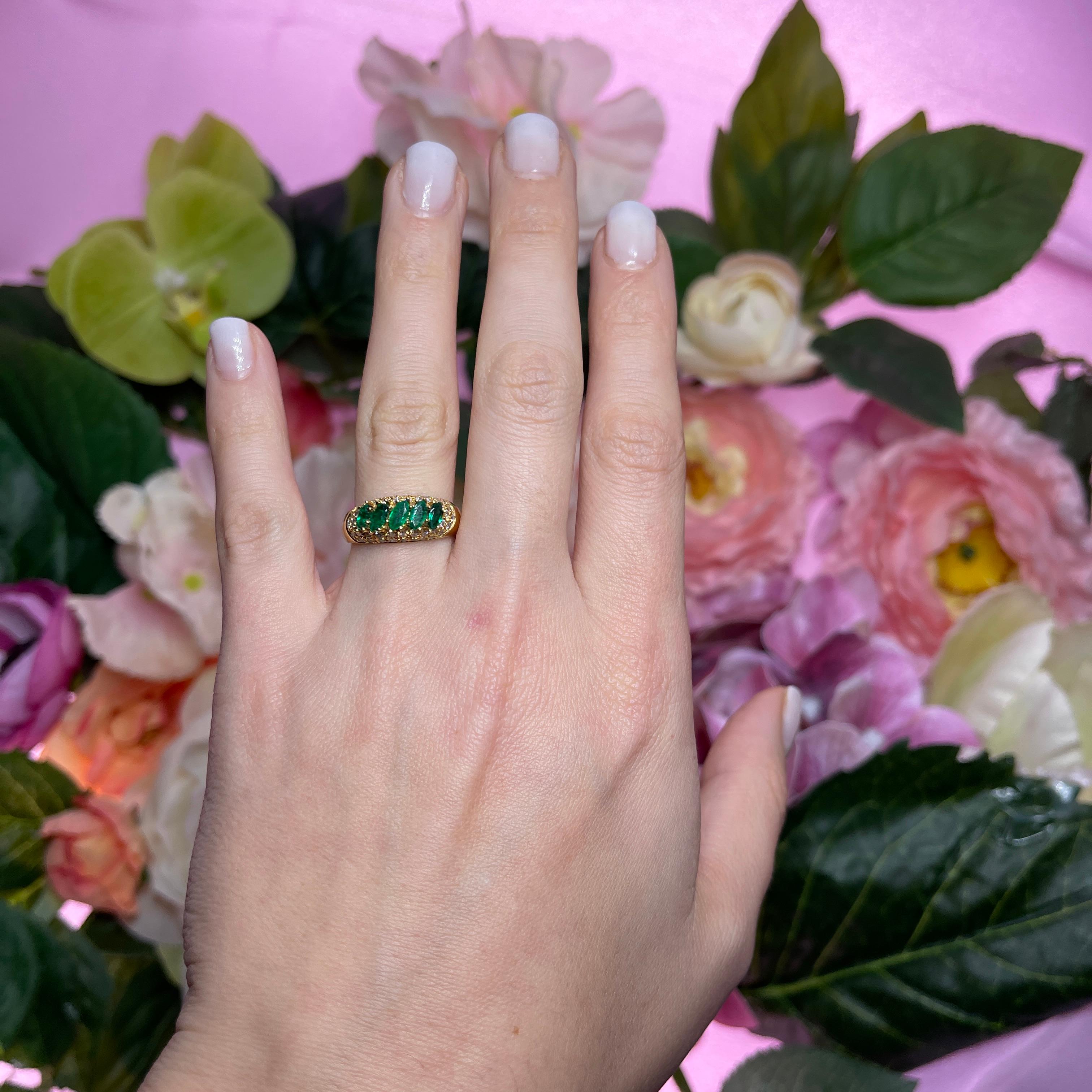 IMPORTANT NOTE:
✔ No additional costs will be added to this order.
✔ Shipping and customs duties are fully covered by us.
--------------------
A dazzling 18k yellow gold band ring featuring five vibrant navette-cut emeralds totaling 1.10 carats. The