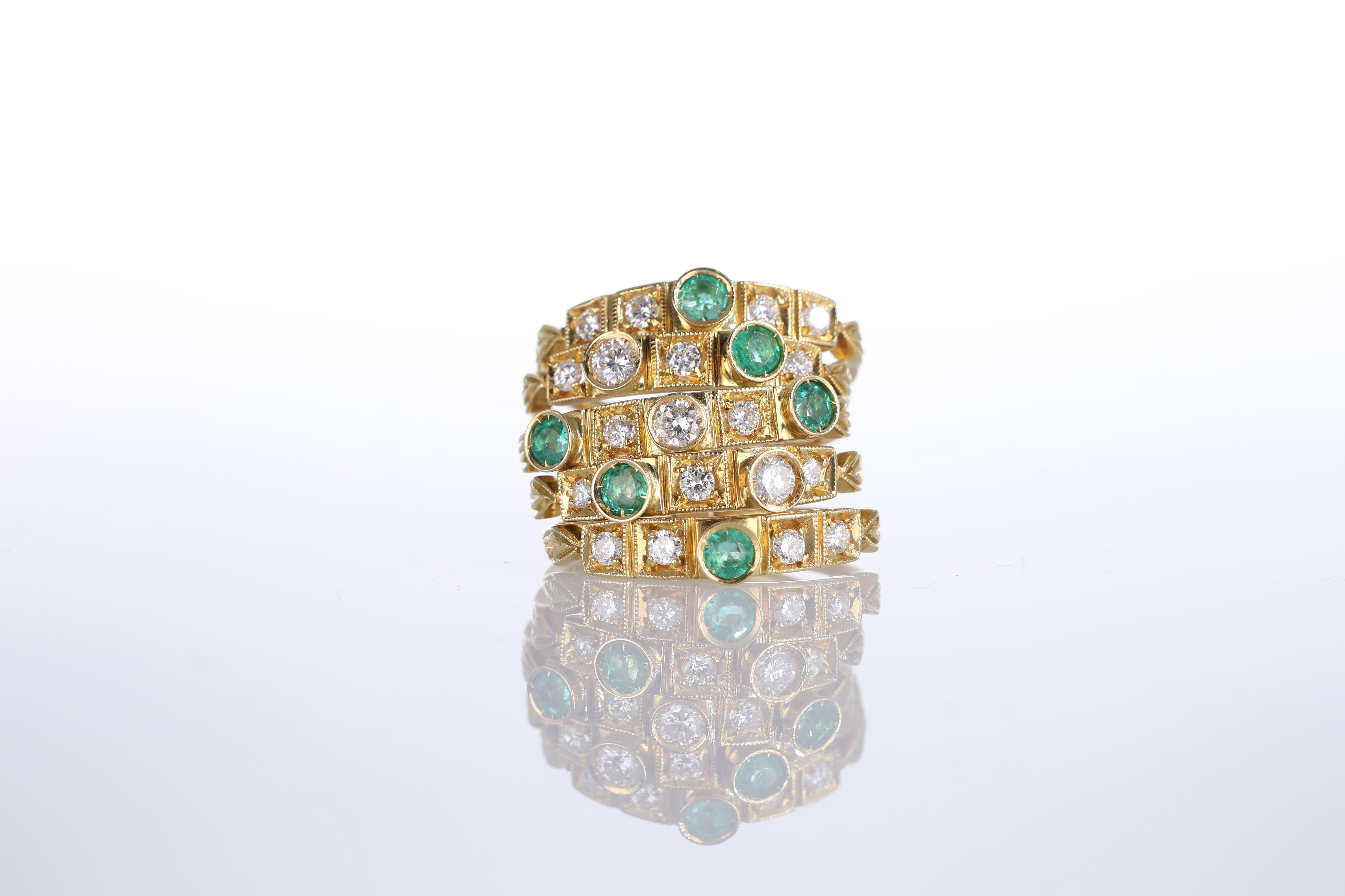 Brilliant Cut 18k Yellow Gold Band Ring with Emeralds and Diamonds, Composed of 5 Stackable Ba For Sale