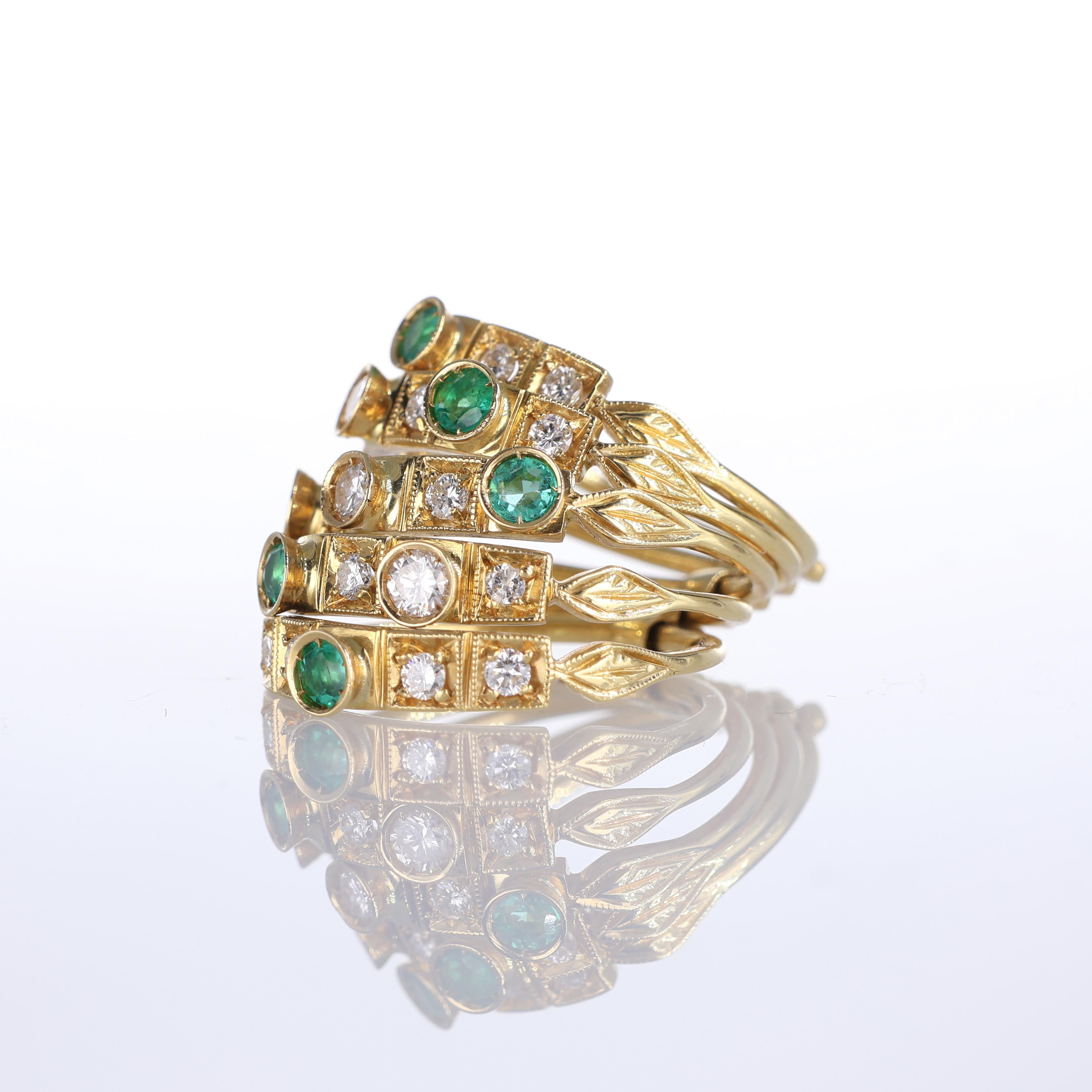 Women's or Men's 18k Yellow Gold Band Ring with Emeralds and Diamonds, Composed of 5 Stackable Ba For Sale