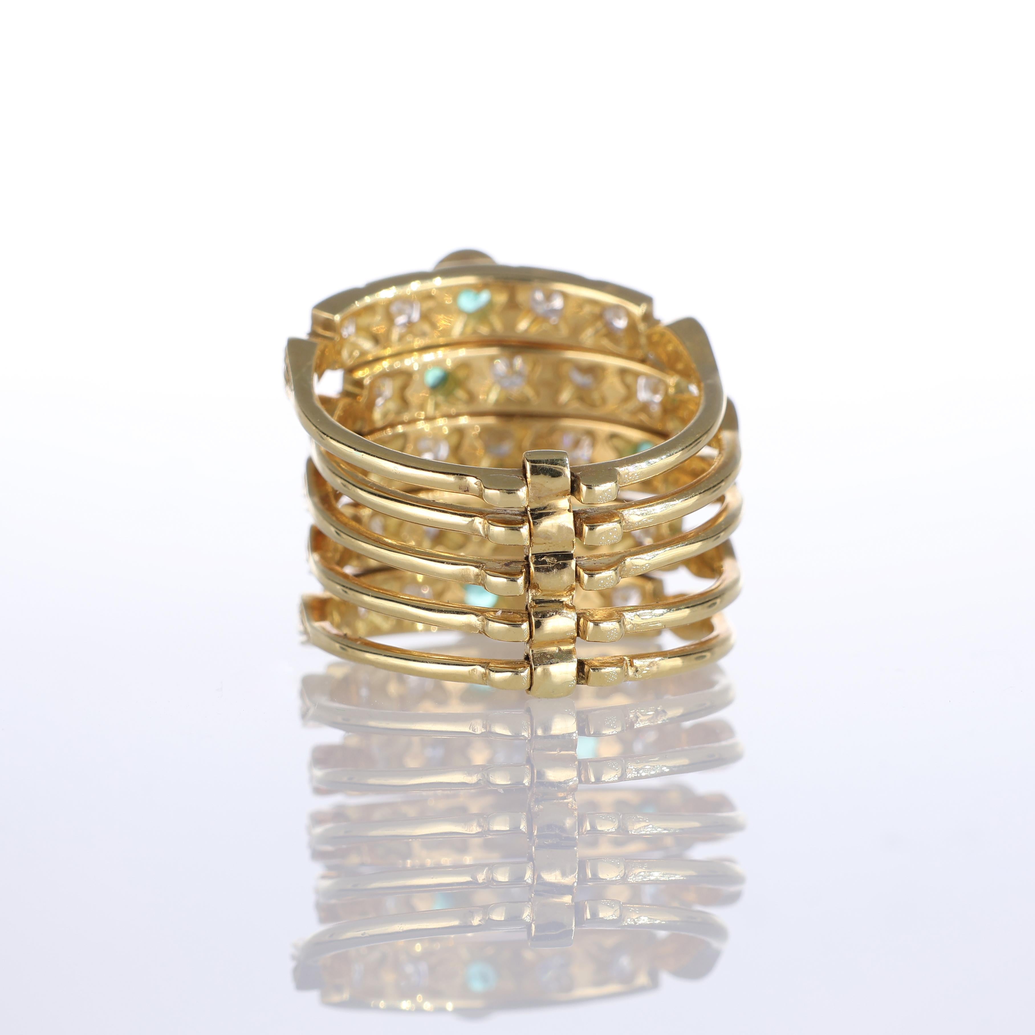 18k Yellow Gold Band Ring with Emeralds and Diamonds, Composed of 5 Stackable Ba For Sale 1