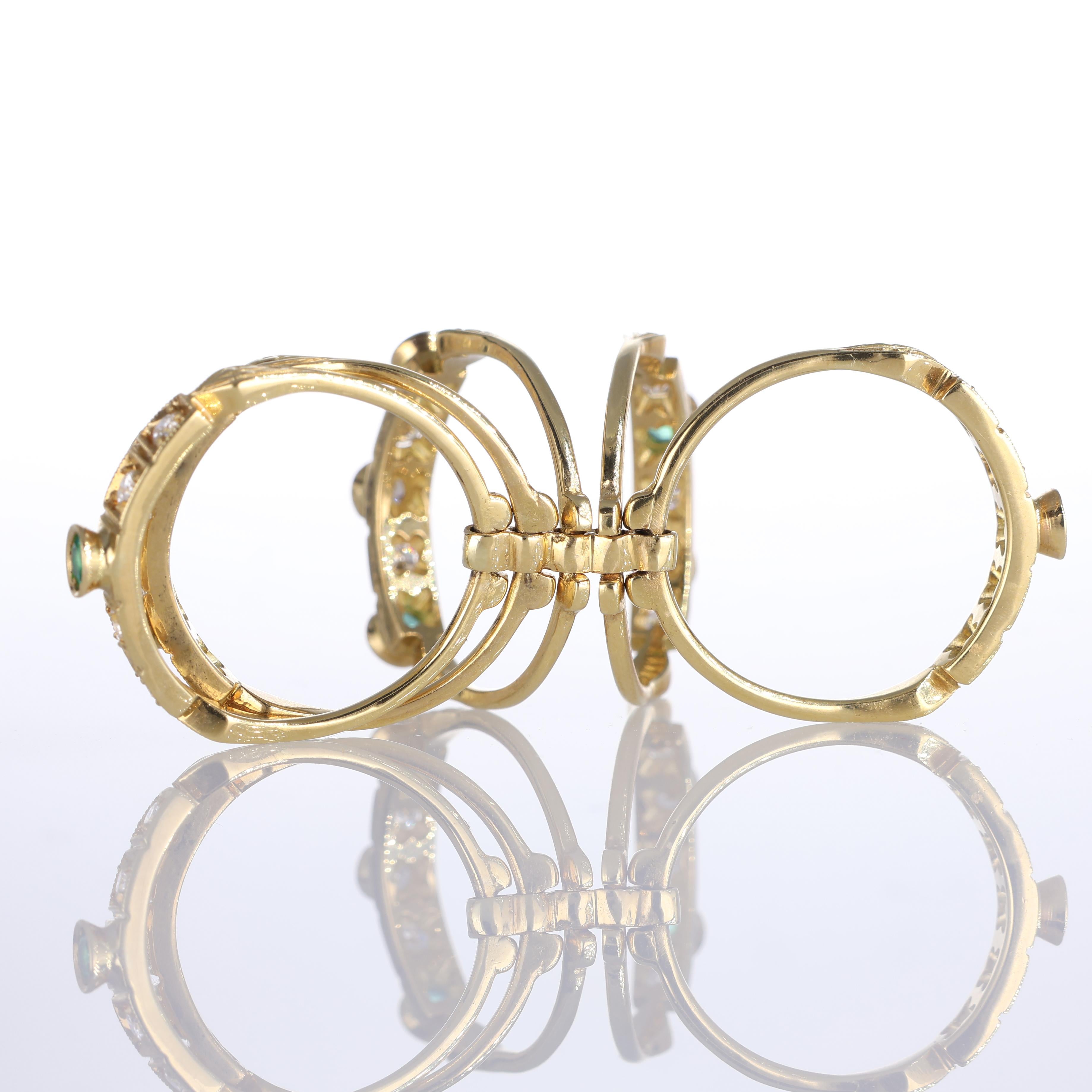 18k Yellow Gold Band Ring with Emeralds and Diamonds, Composed of 5 Stackable Ba For Sale 3