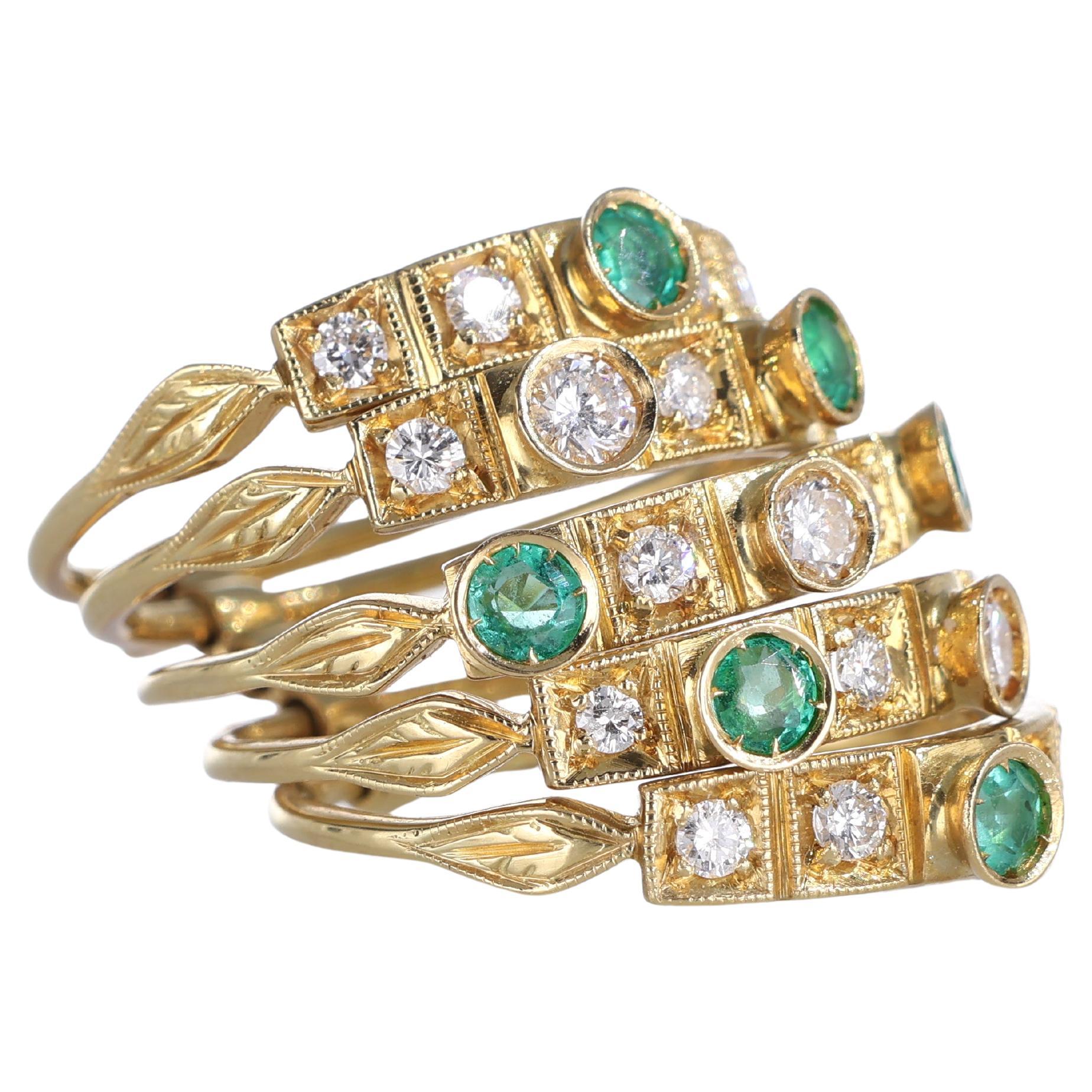 18k Yellow Gold Band Ring with Emeralds and Diamonds, Composed of 5 Stackable Ba For Sale
