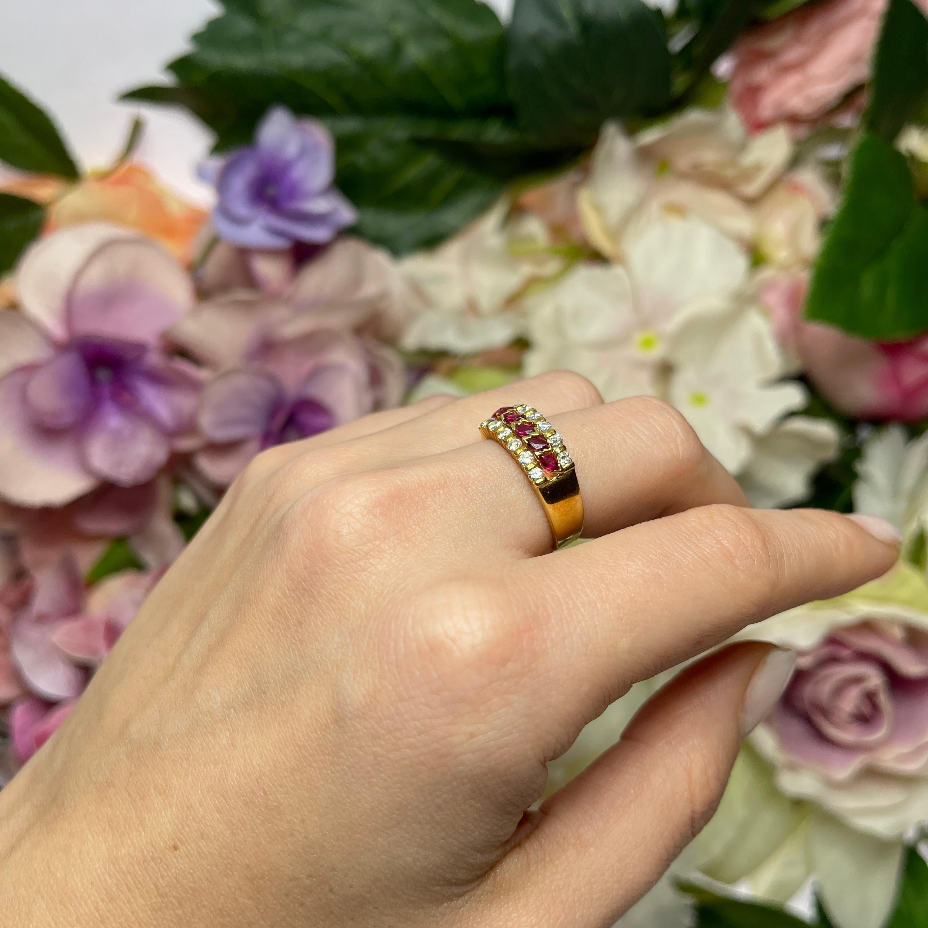 18K Yellow Gold Band Ring with Navette Rubies and Diamonds For Sale 5