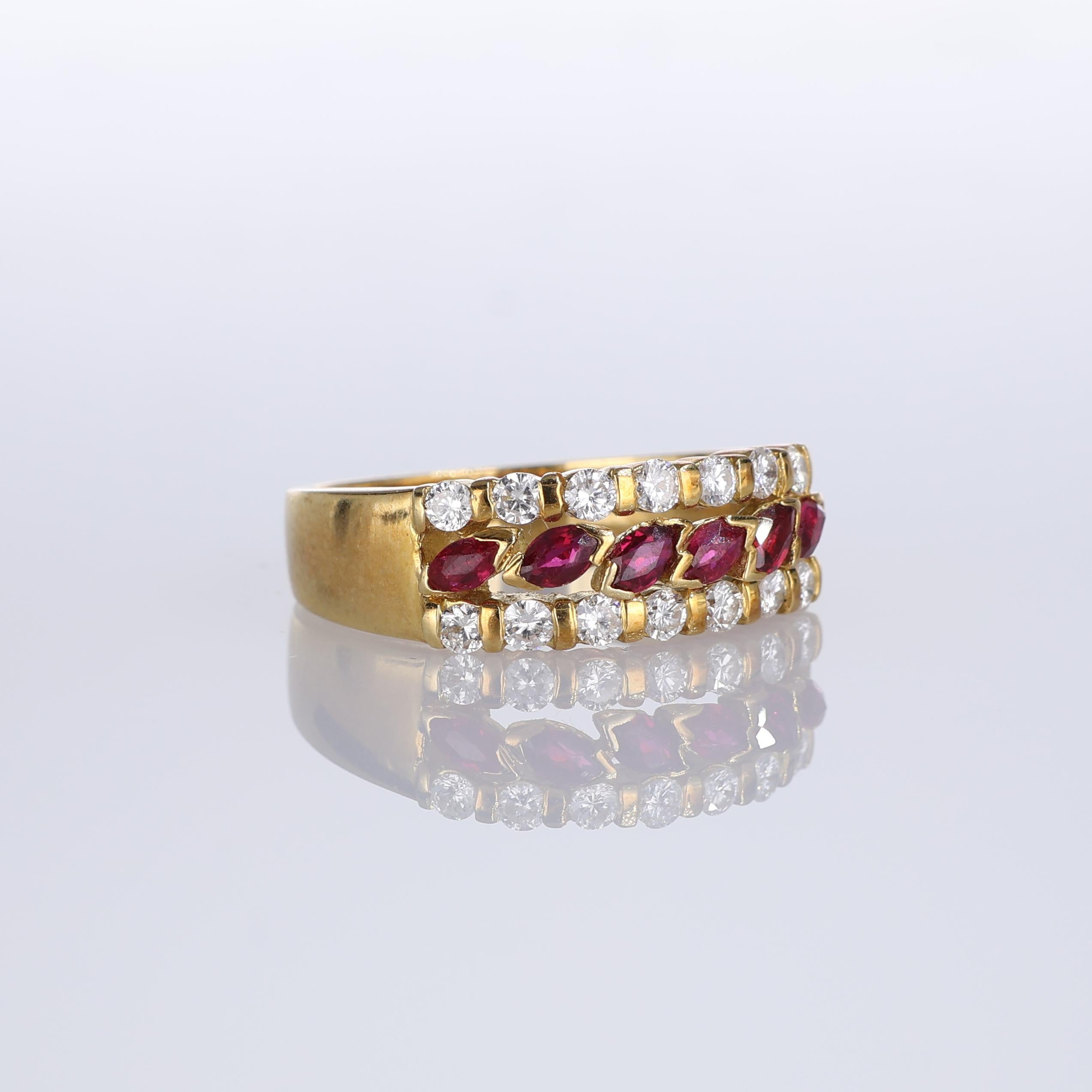 Brilliant Cut 18K Yellow Gold Band Ring with Navette Rubies and Diamonds For Sale