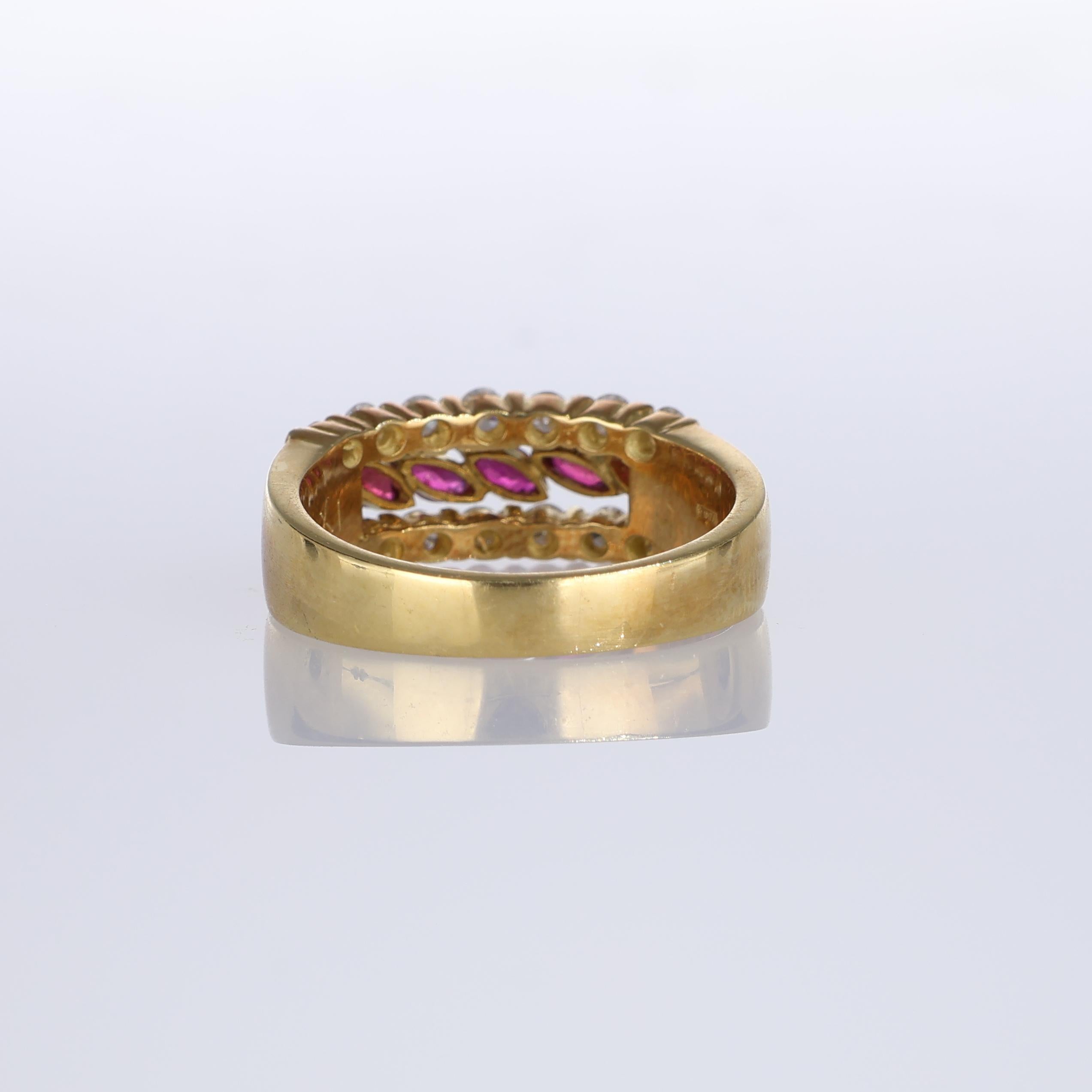 Women's or Men's 18K Yellow Gold Band Ring with Navette Rubies and Diamonds For Sale