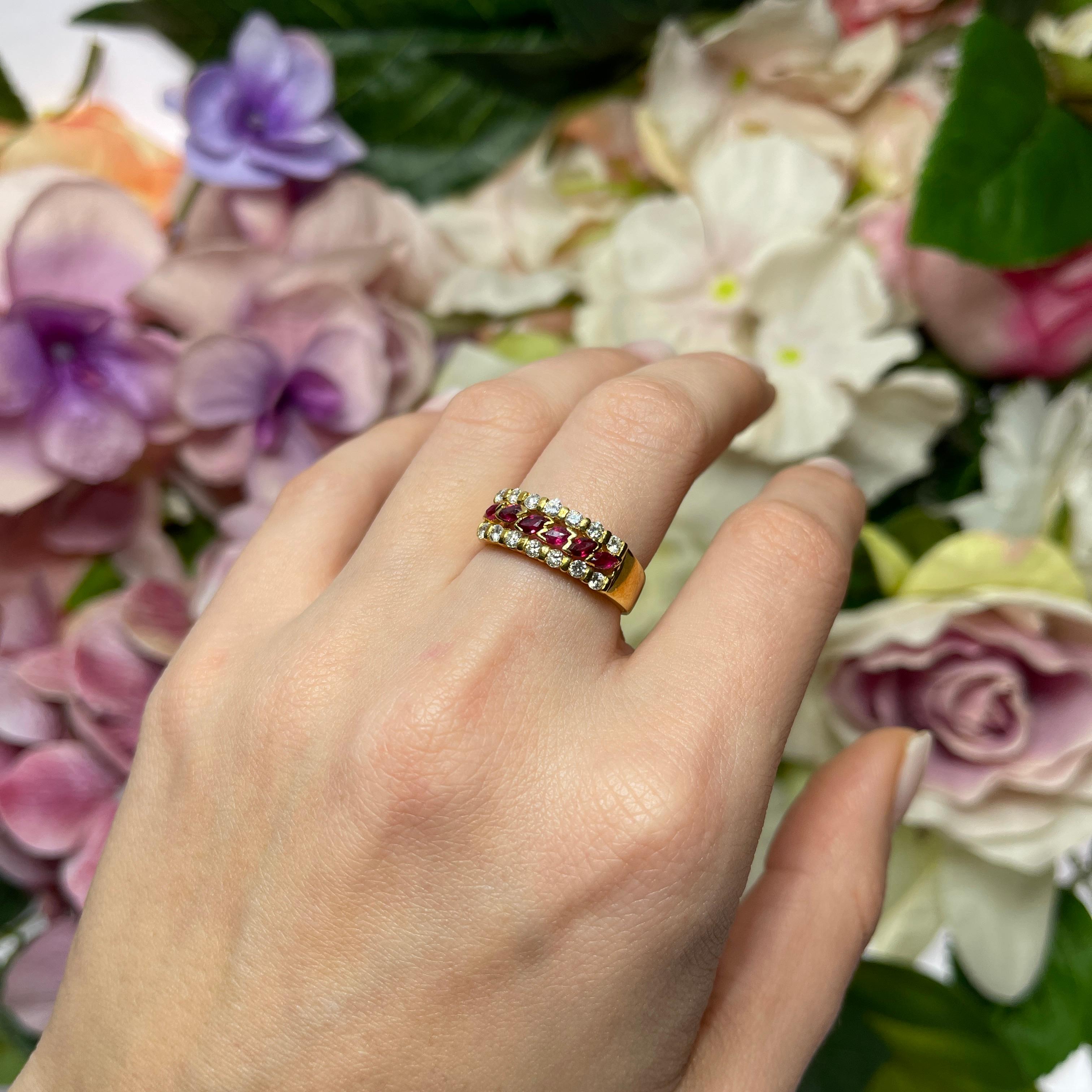 18K Yellow Gold Band Ring with Navette Rubies and Diamonds For Sale 2