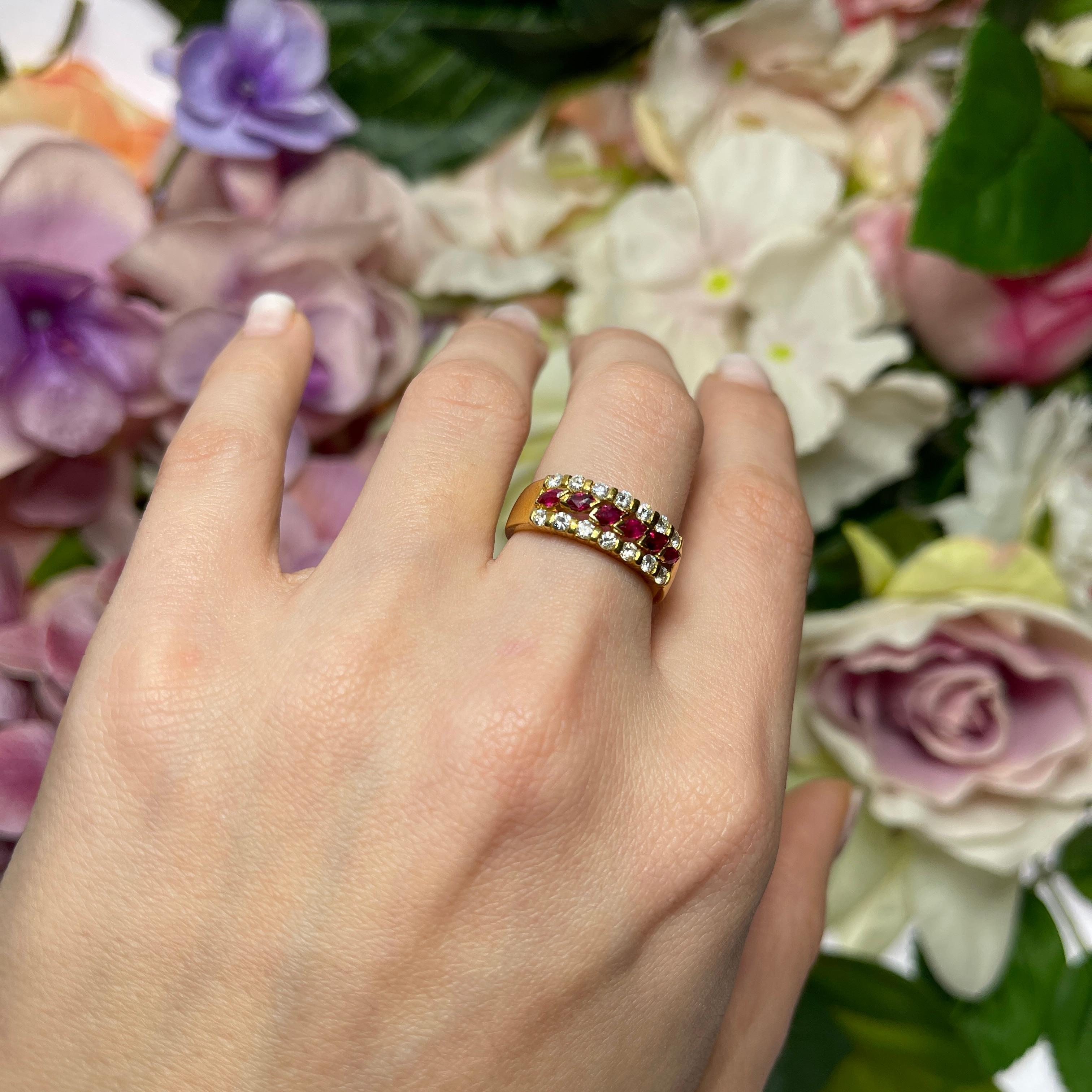 18K Yellow Gold Band Ring with Navette Rubies and Diamonds For Sale 3