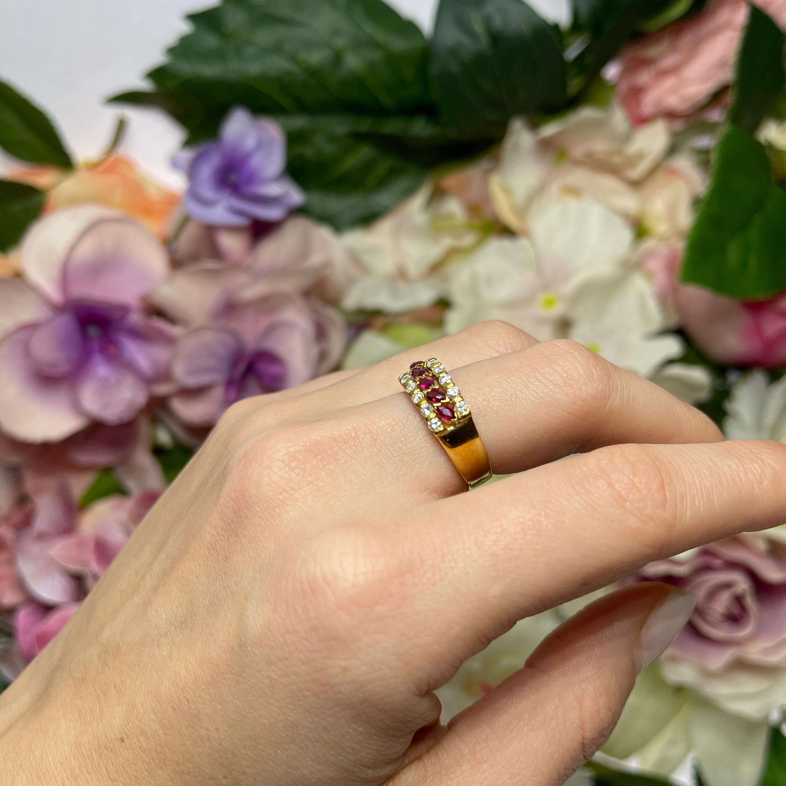 18K Yellow Gold Band Ring with Navette Rubies and Diamonds For Sale 4
