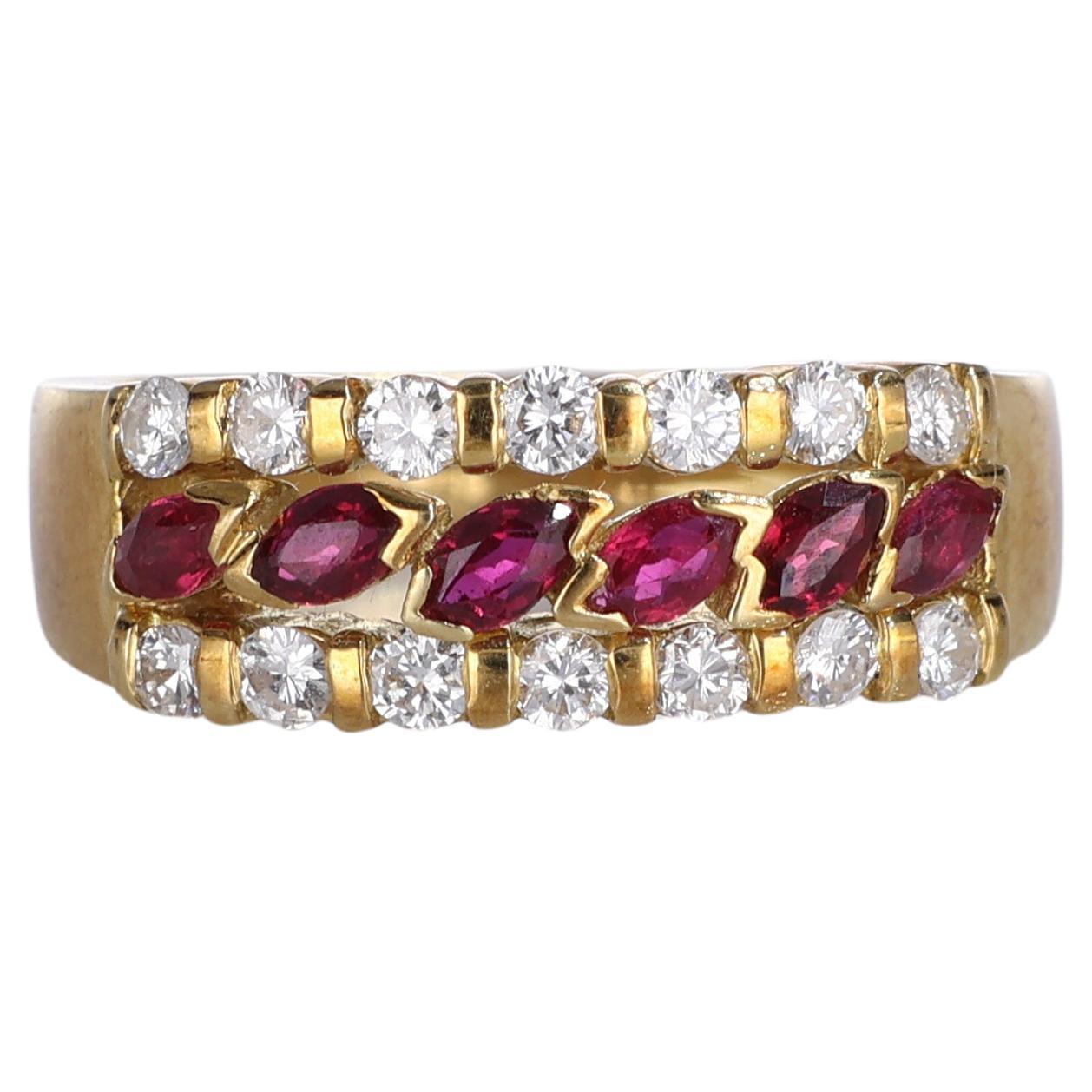 18K Yellow Gold Band Ring with Navette Rubies and Diamonds