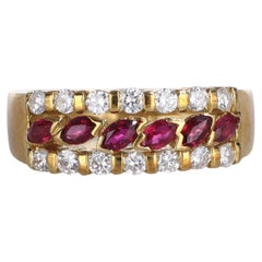 18K Yellow Gold Band Ring with Navette Rubies and Diamonds