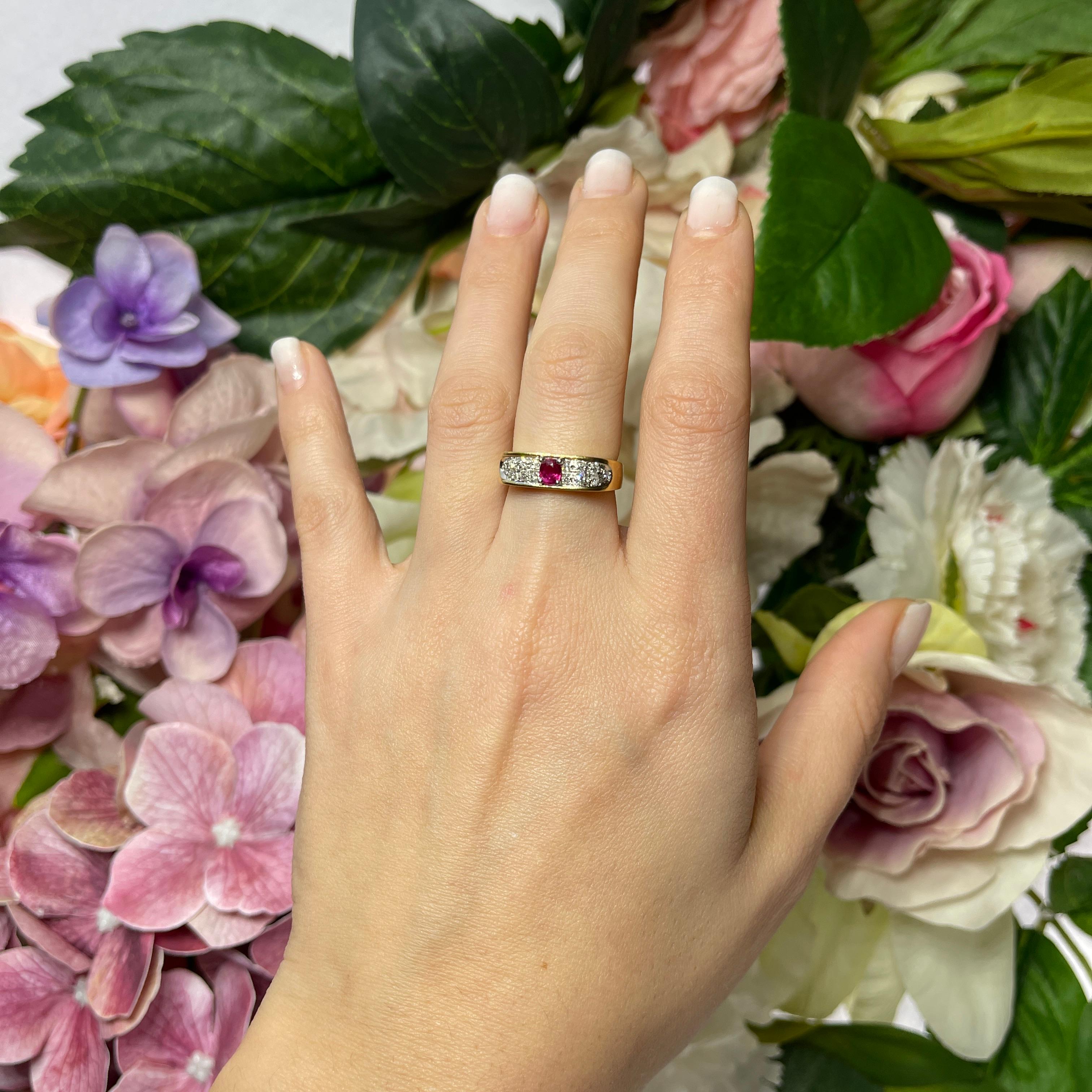 18K Yellow Gold Band Ring with Ruby and Diamond Pavé For Sale 1