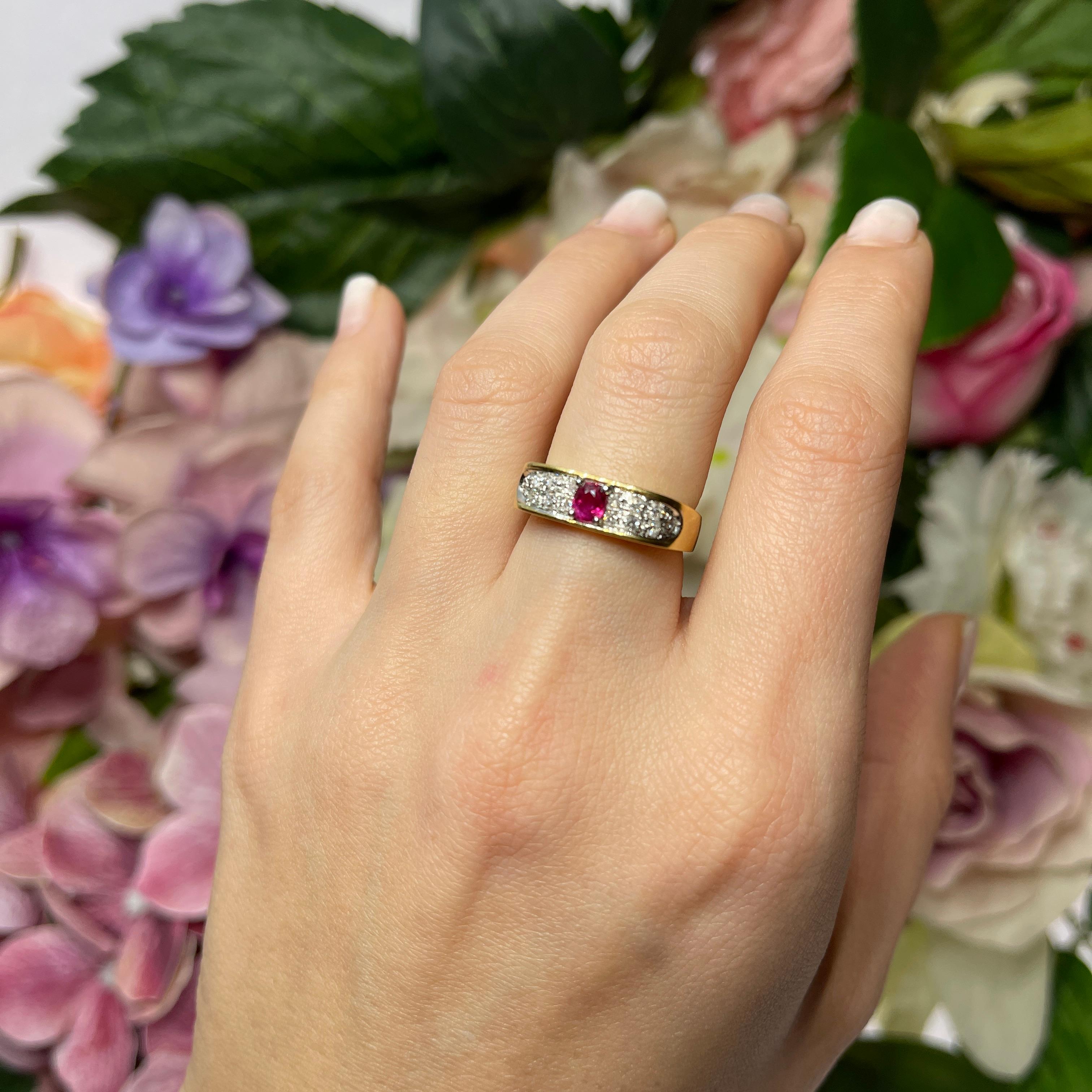 18K Yellow Gold Band Ring with Ruby and Diamond Pavé For Sale 2