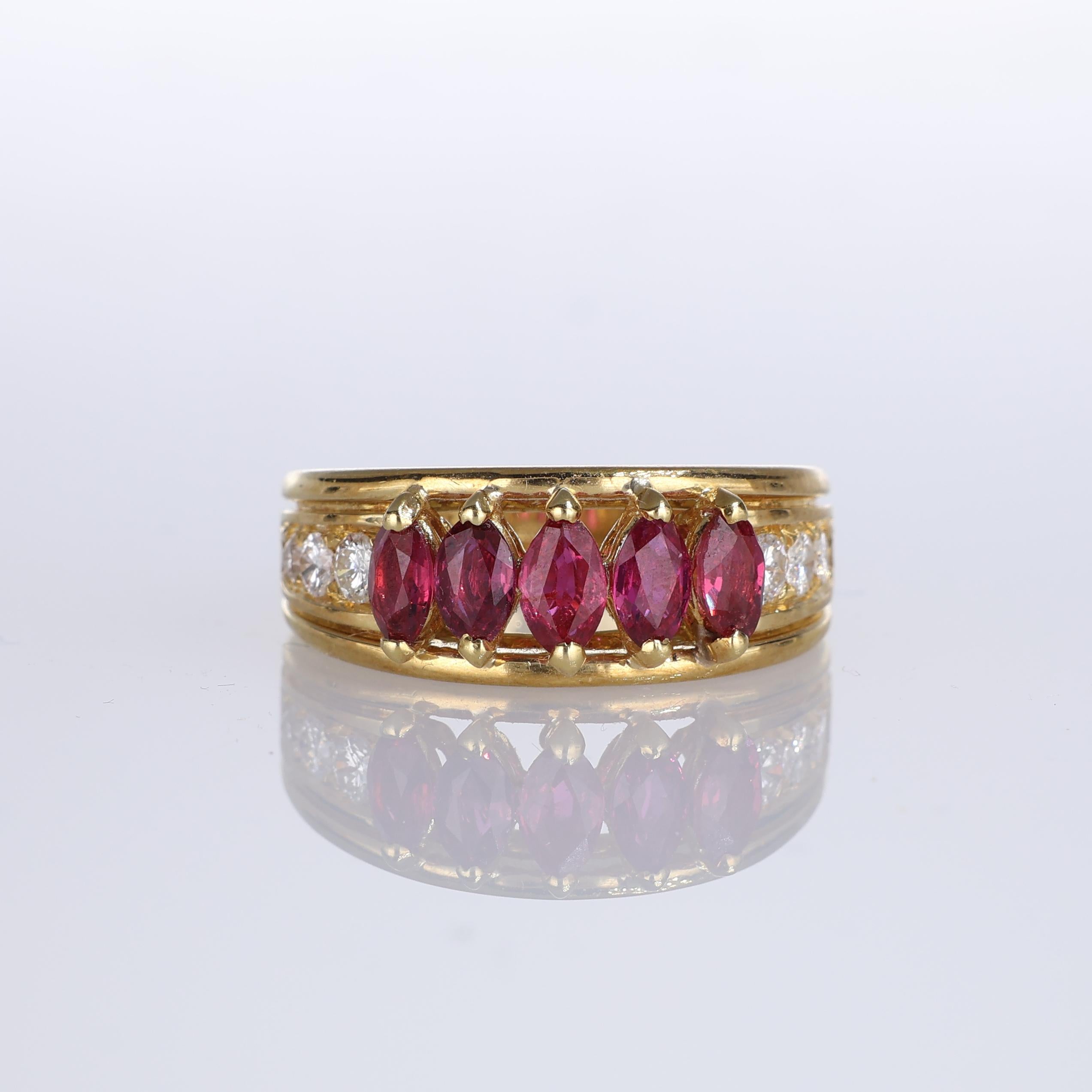 IMPORTANT NOTE:
✔ No additional costs will be added to this order.
✔ Shipping and customs duties are fully covered by us.
--------------------
This sophisticated 18K yellow gold band ring features five marquise-cut rubies totaling 1.30 carats,