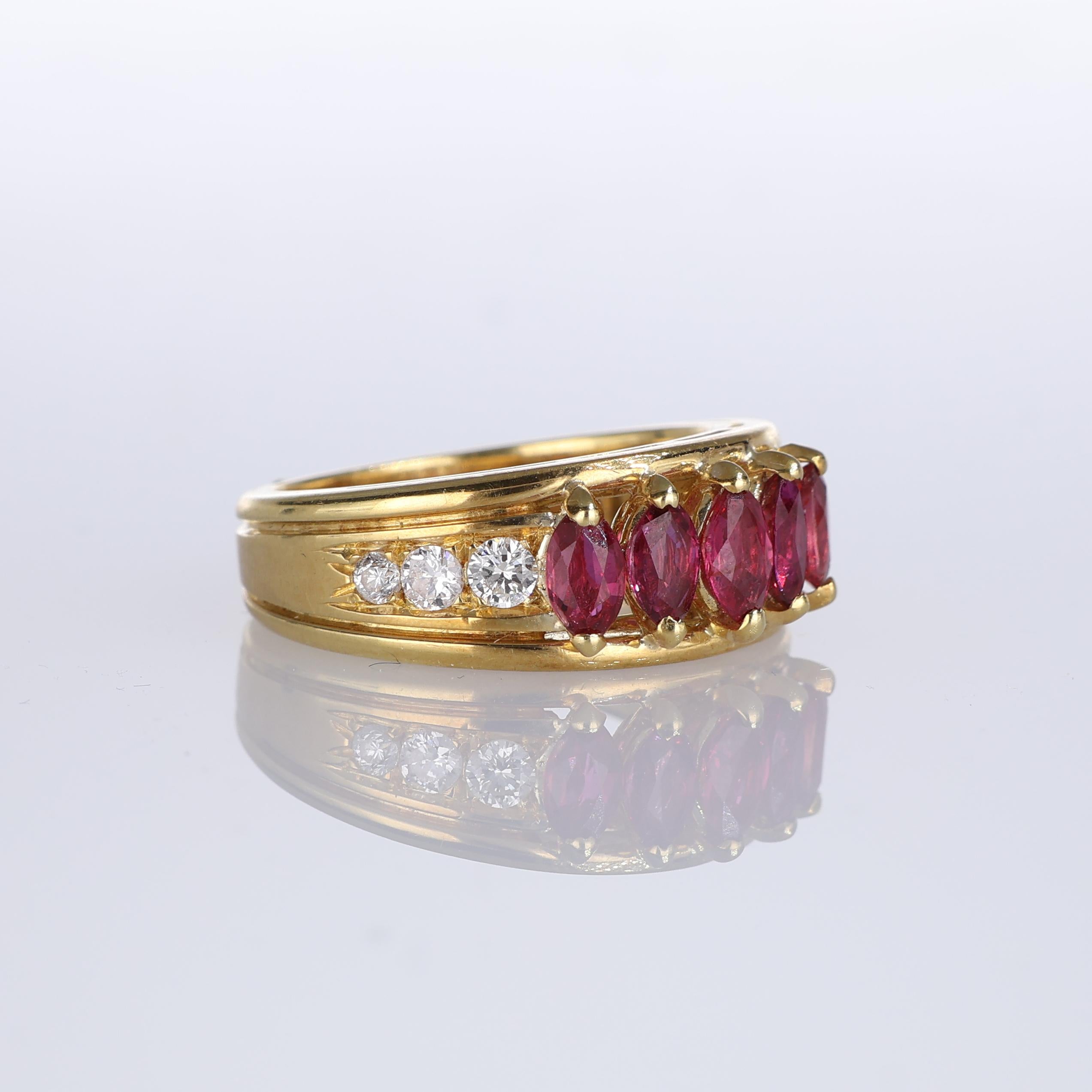Brilliant Cut 18K Yellow Gold Band Ring with Ruby Navettes and Diamond Pavé For Sale