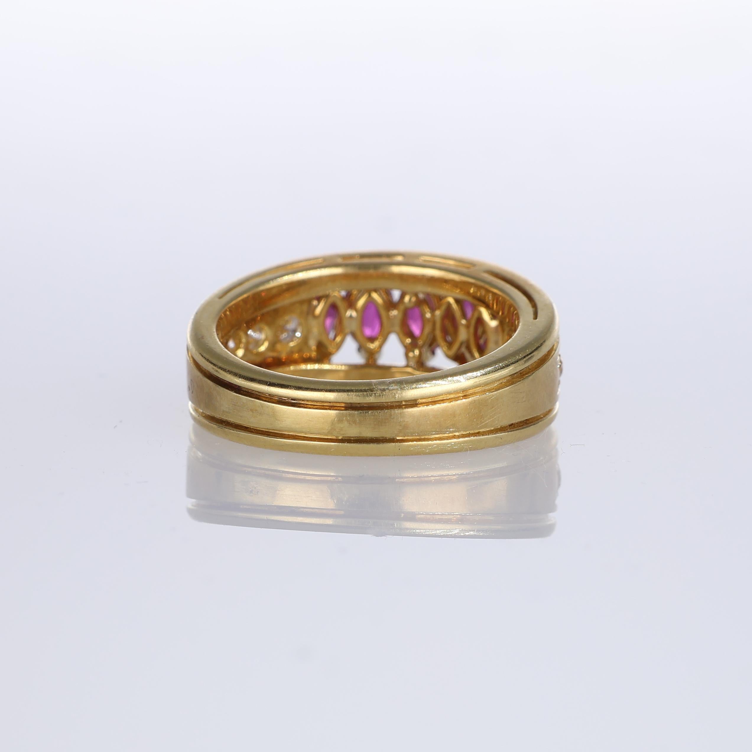 Women's or Men's 18K Yellow Gold Band Ring with Ruby Navettes and Diamond Pavé For Sale